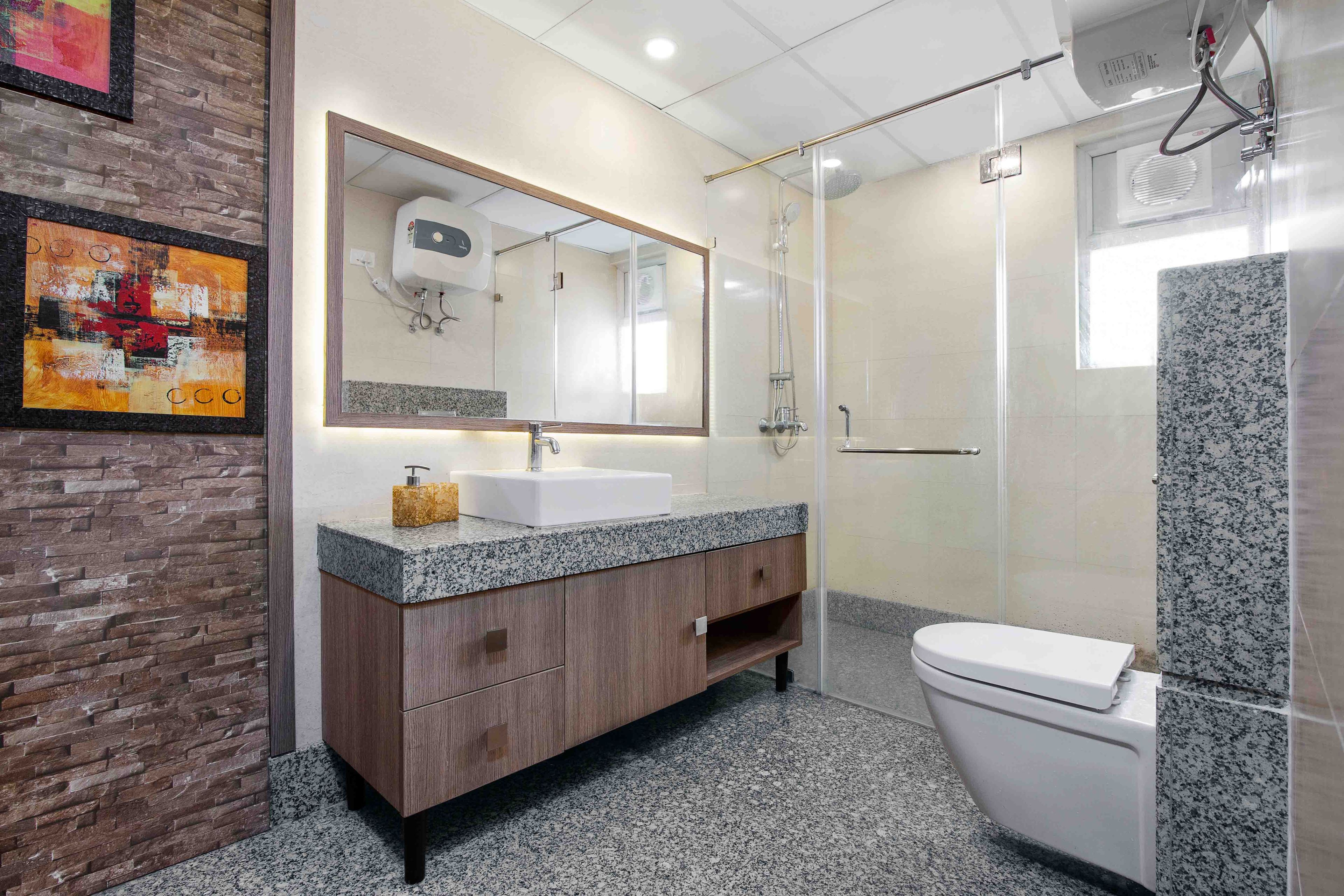 Grey And Wood Spacious Bathroom Design With Stone Wall - Livspace