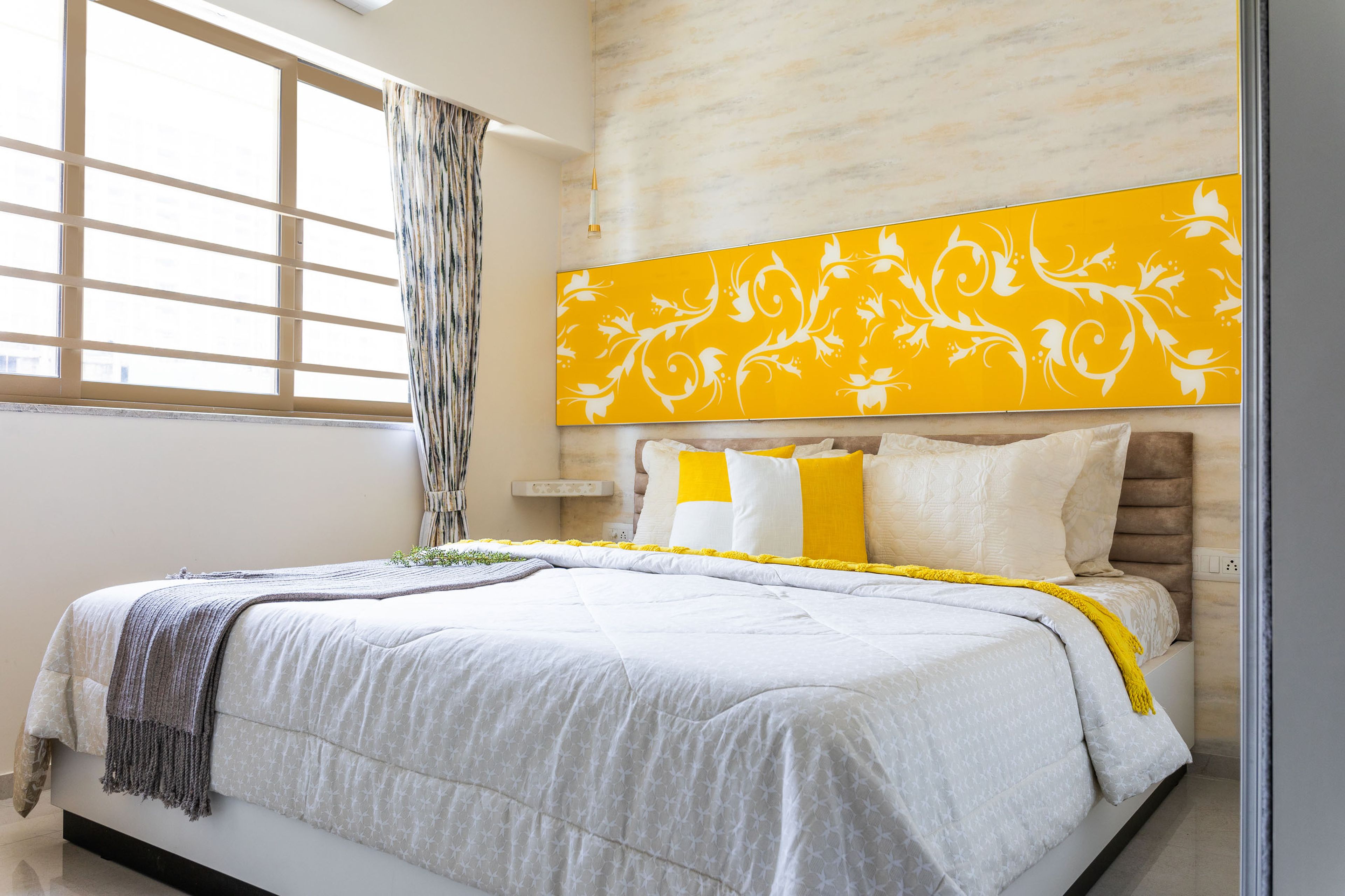 Modern Mumbai 1-BHK Interior Decoration With Yellow And White Master Bedroom