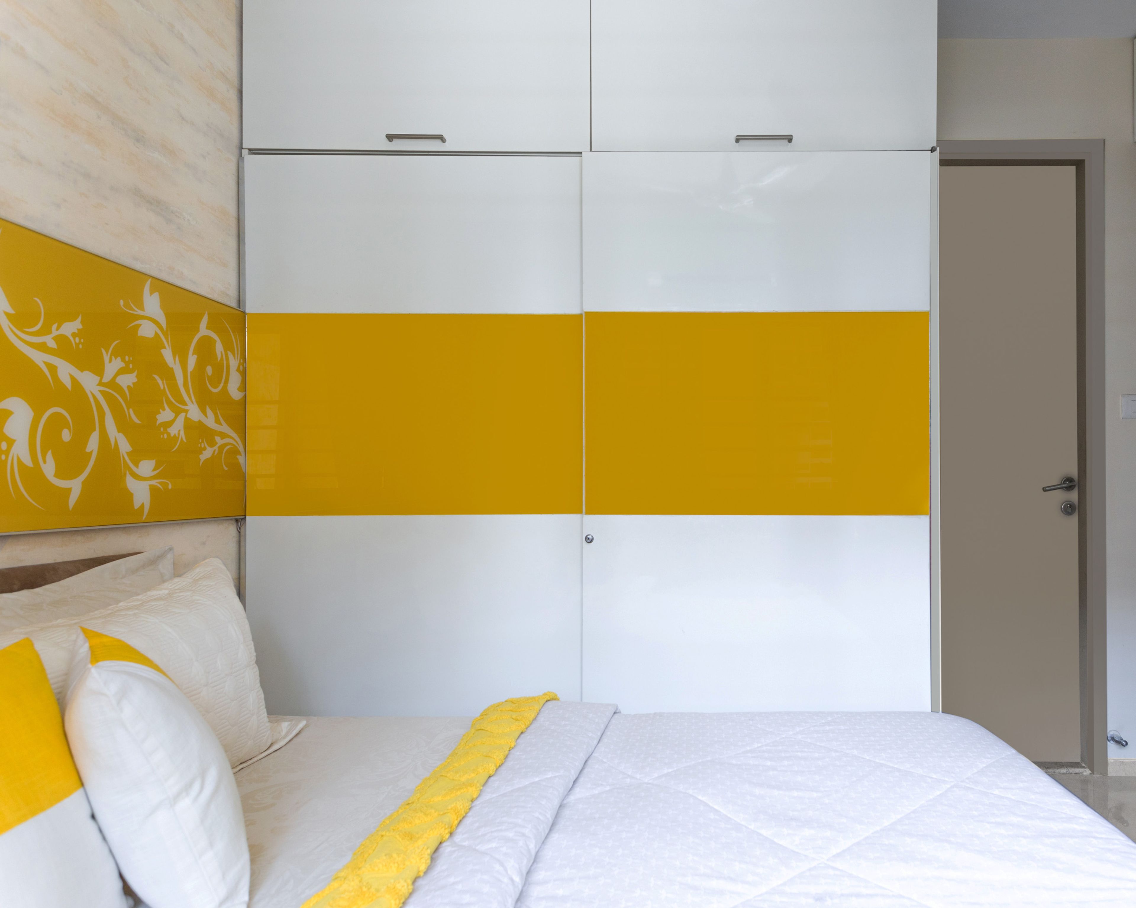 White 2-Door Sliding Wardrobe With Yellow Strip - Livspace