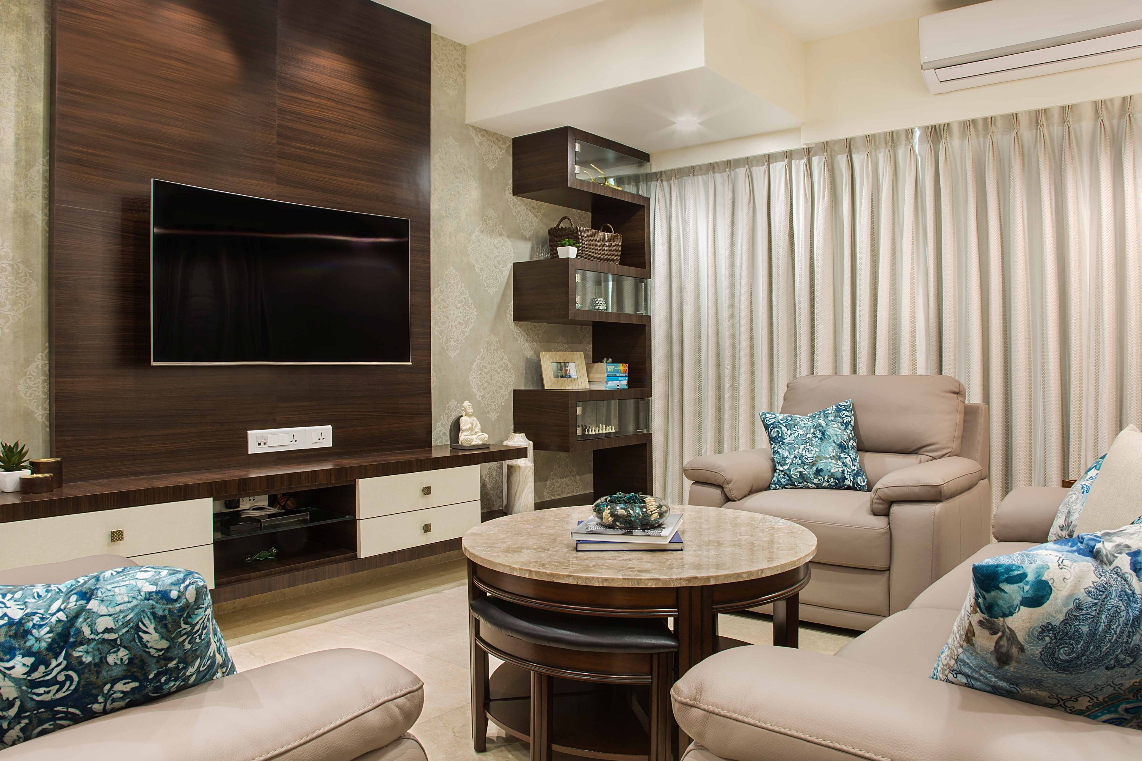 Large Wood And White Wall-Mounted TV Unit With Zig-Zag Wall-Mounted Open And Closed Wooden Storage - Livspace