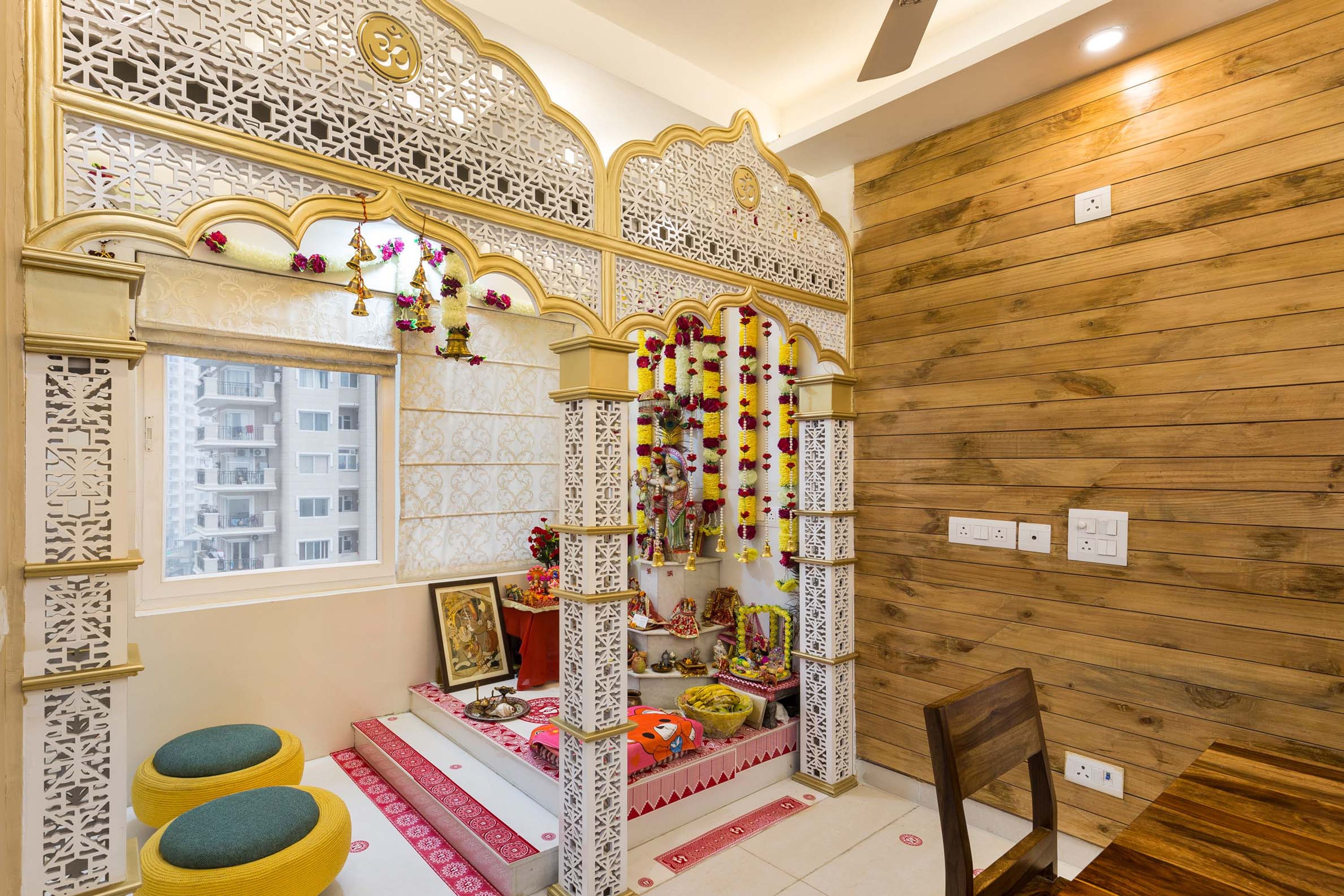 Spacious Pooja Design With White CNC-cut work - Livspace