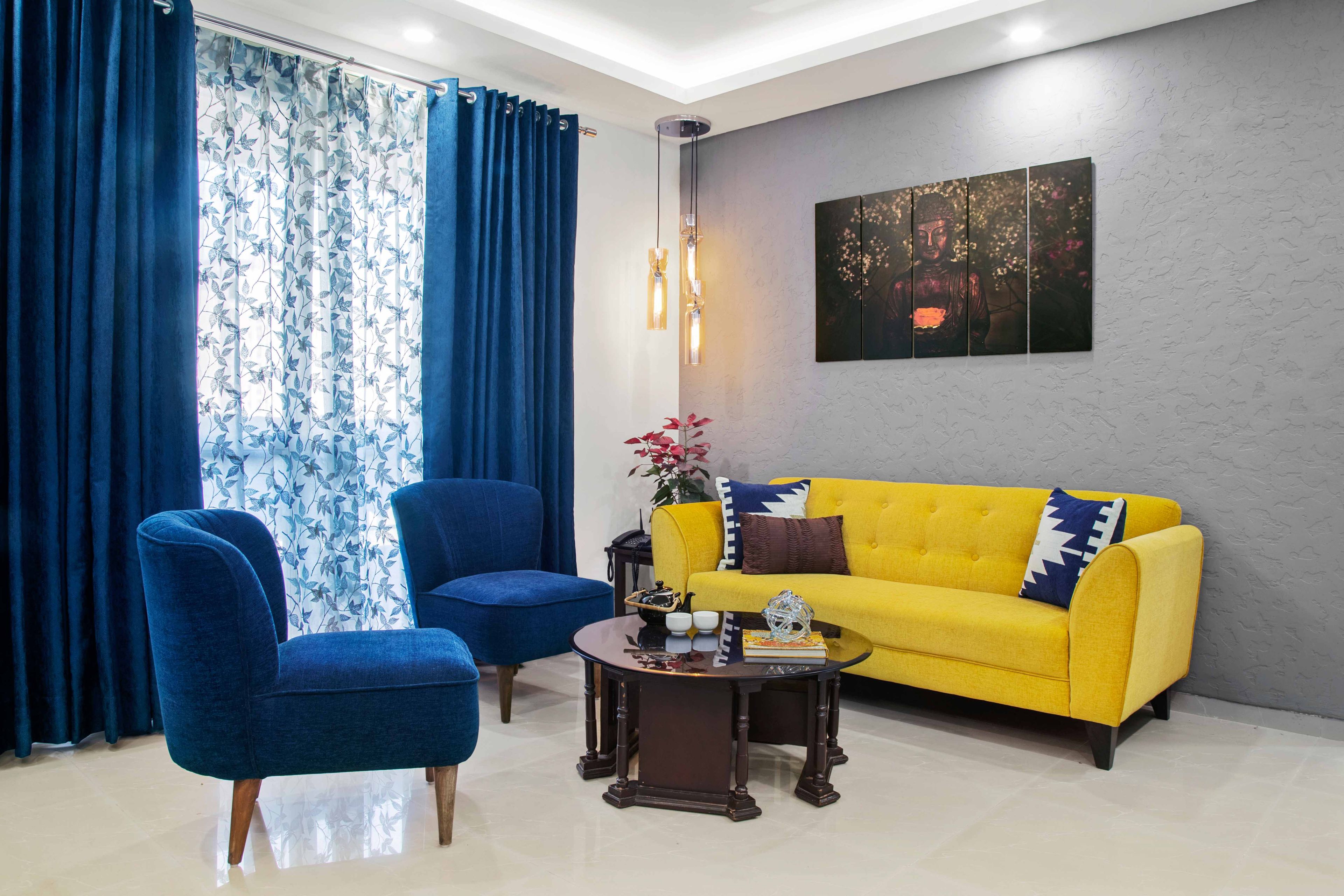 Modern Noida 2-BHK Interior Design With Green Master Bedroom And Tropical Wallpaper