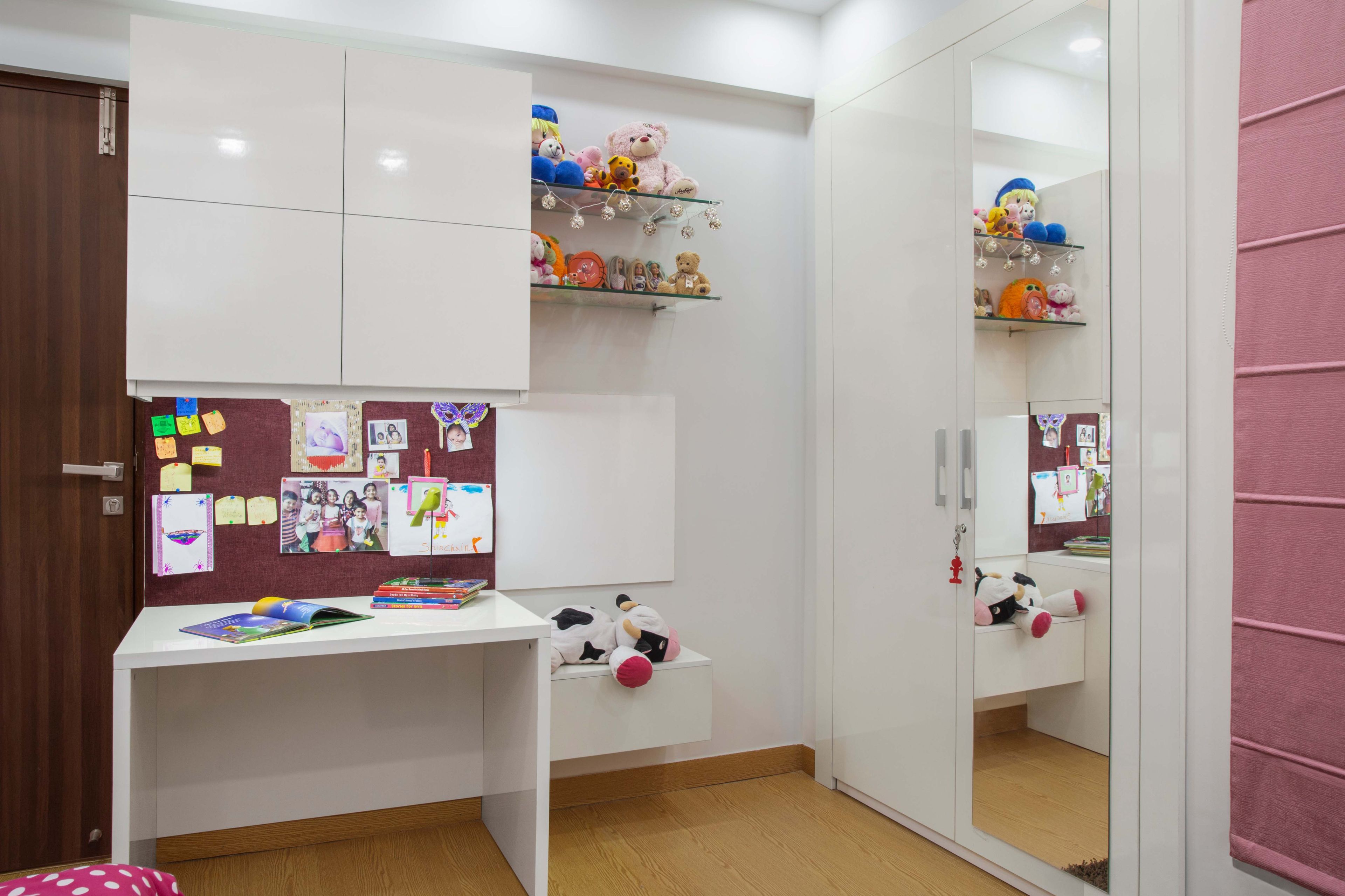 White Study Table And White 2-Door Swing Wardrobe With Mirror For Kids Bedroom - Livspace