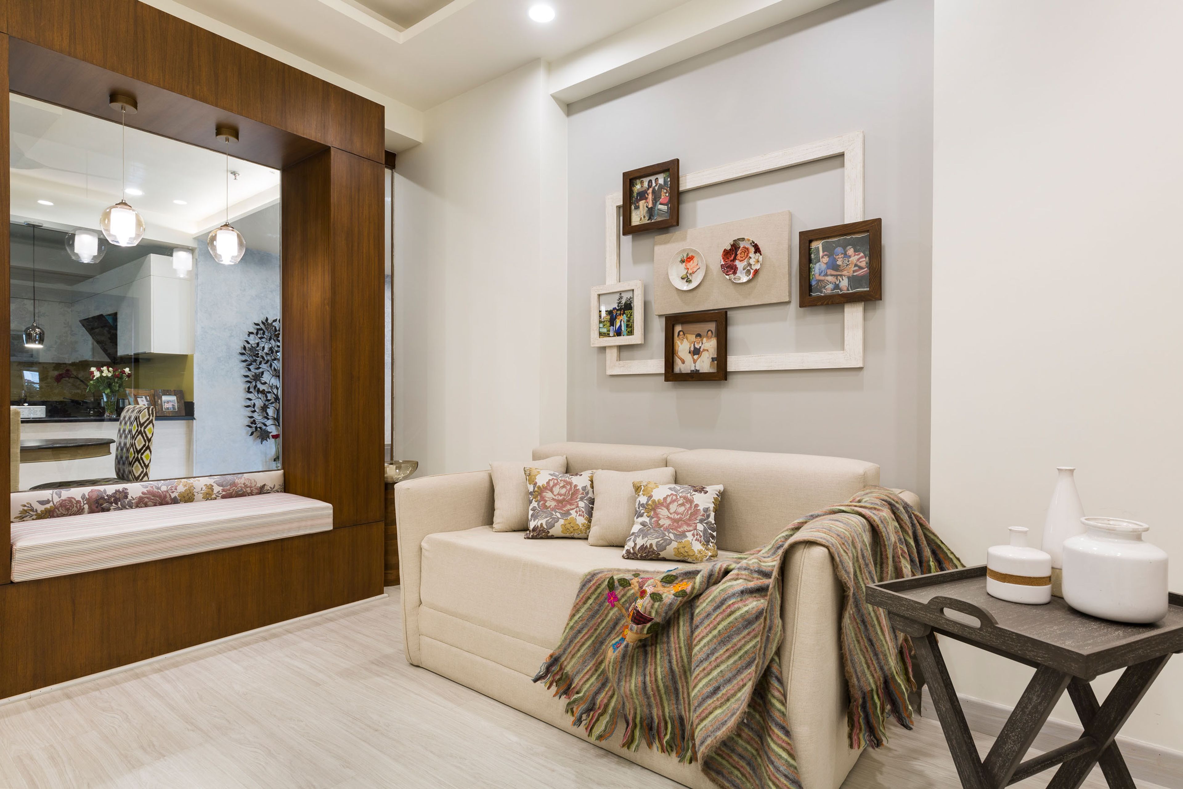 2-Seater Beige Sofa And Wooden Framed Seater In Kids Room - Livspace