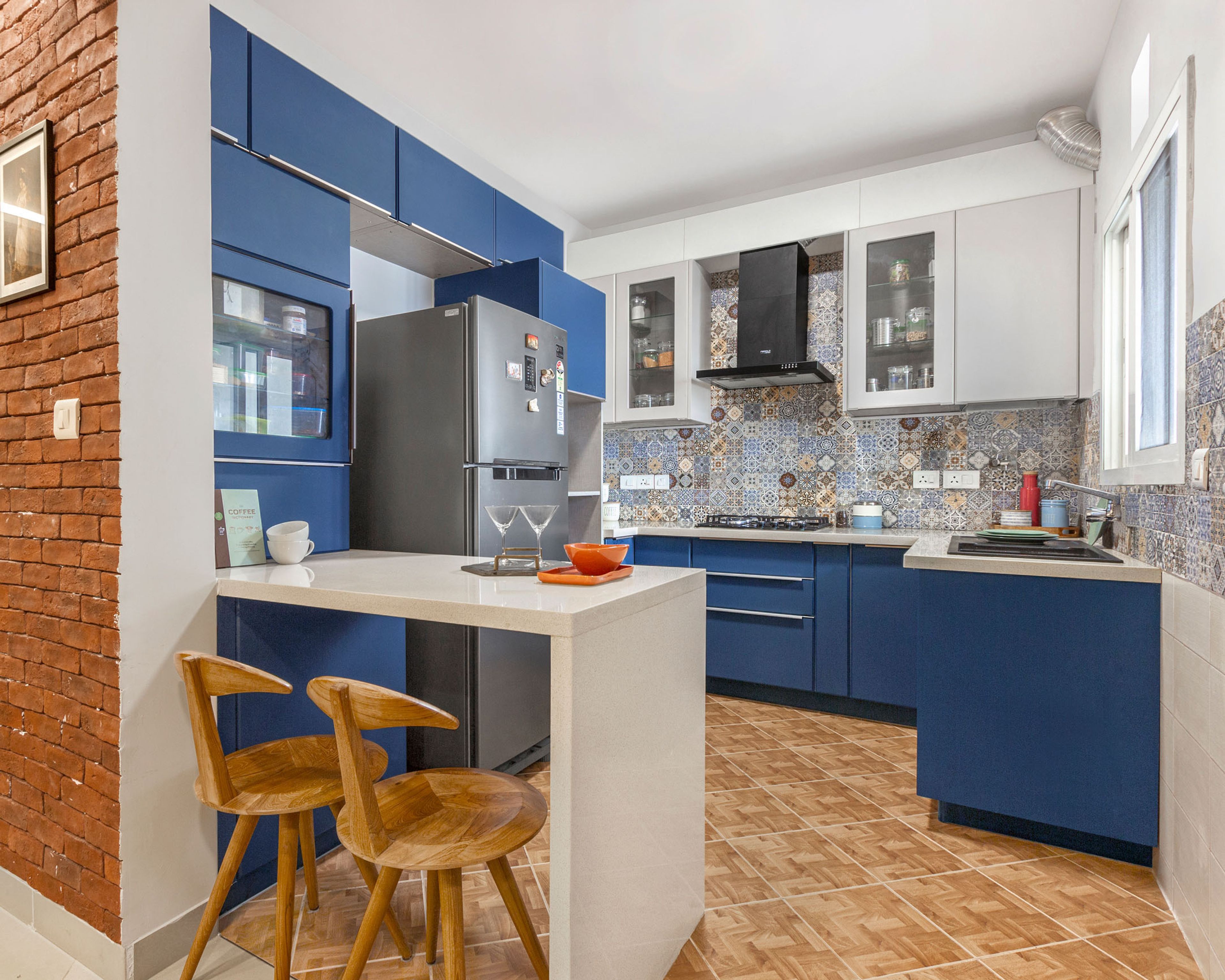 Industrial Bangalore 2-BHK Flat Design With Blue Floral Dining Room Wallpaper