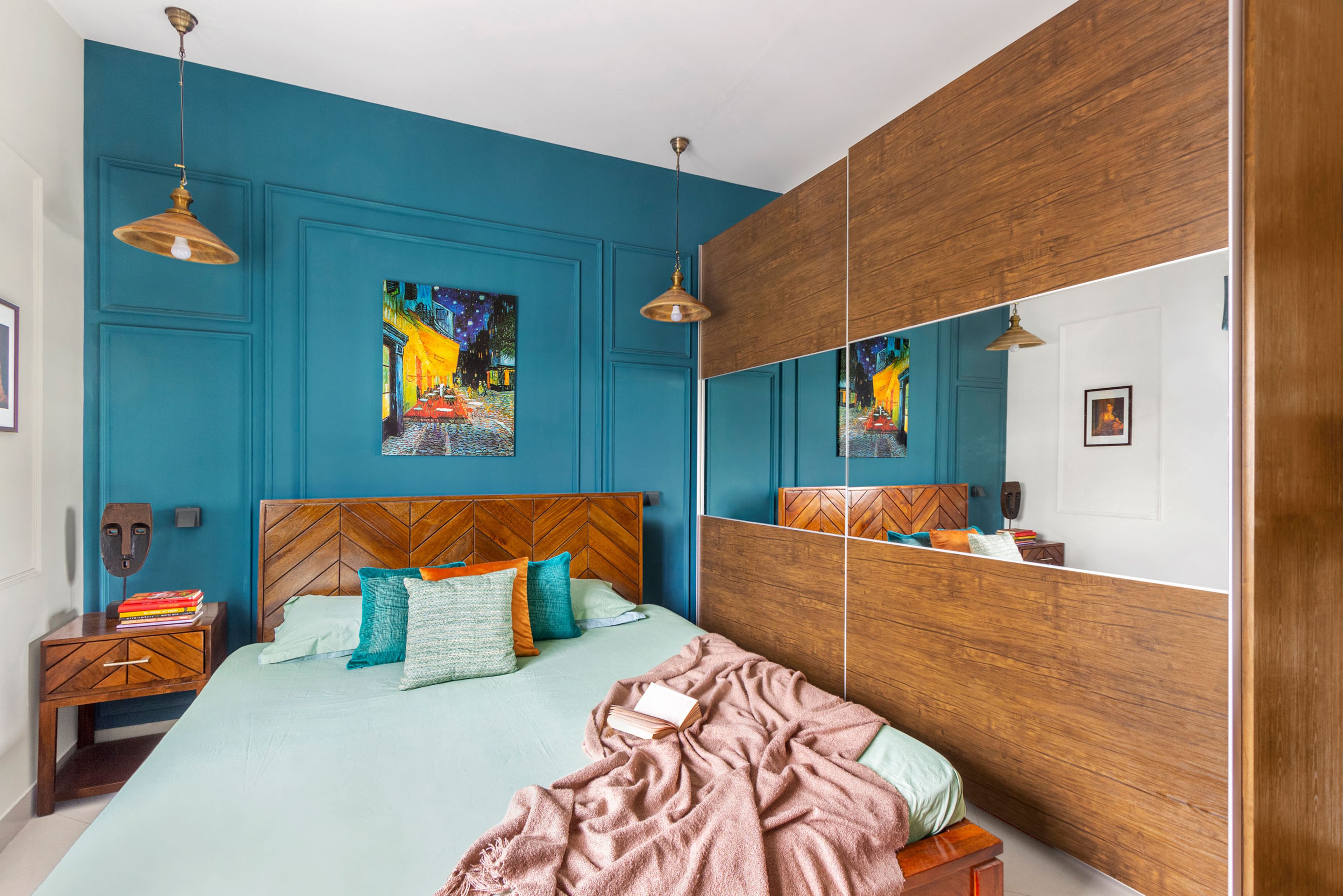 Master Bedroom With Blue Accent Wall And Trims And Sliding 2-Door Wooden Wardrobe - Livspace