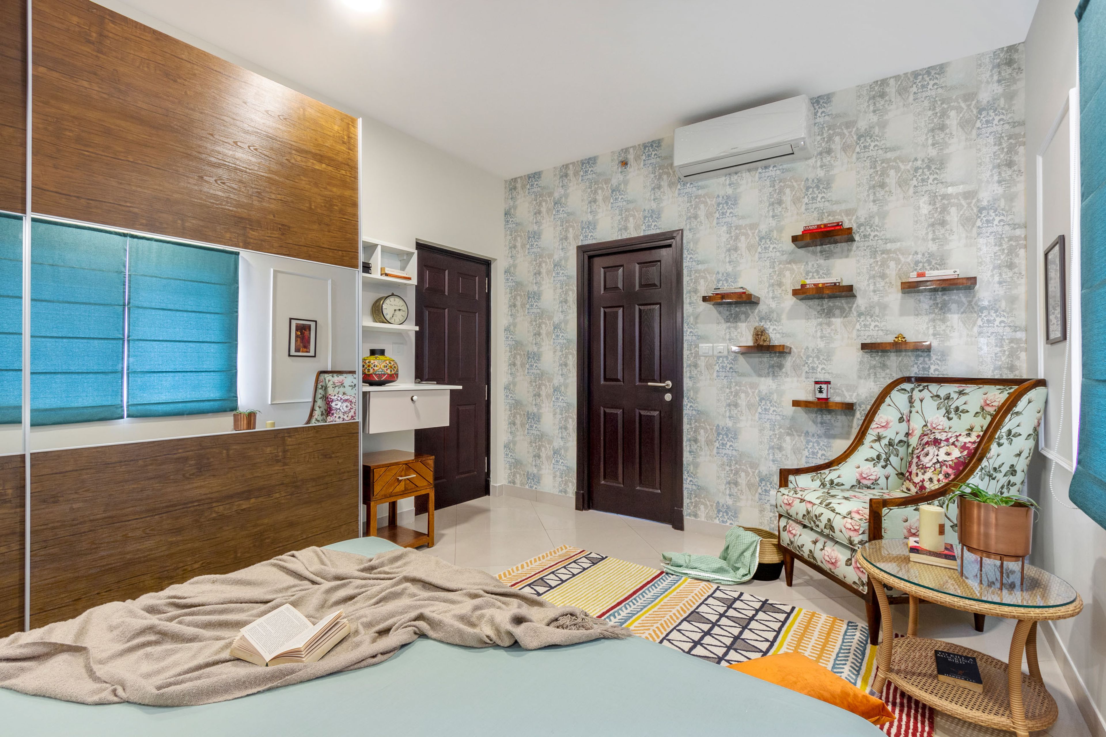 Master Bedroom With Abstract Wallpaper With Accent Floral Chair - Livspace