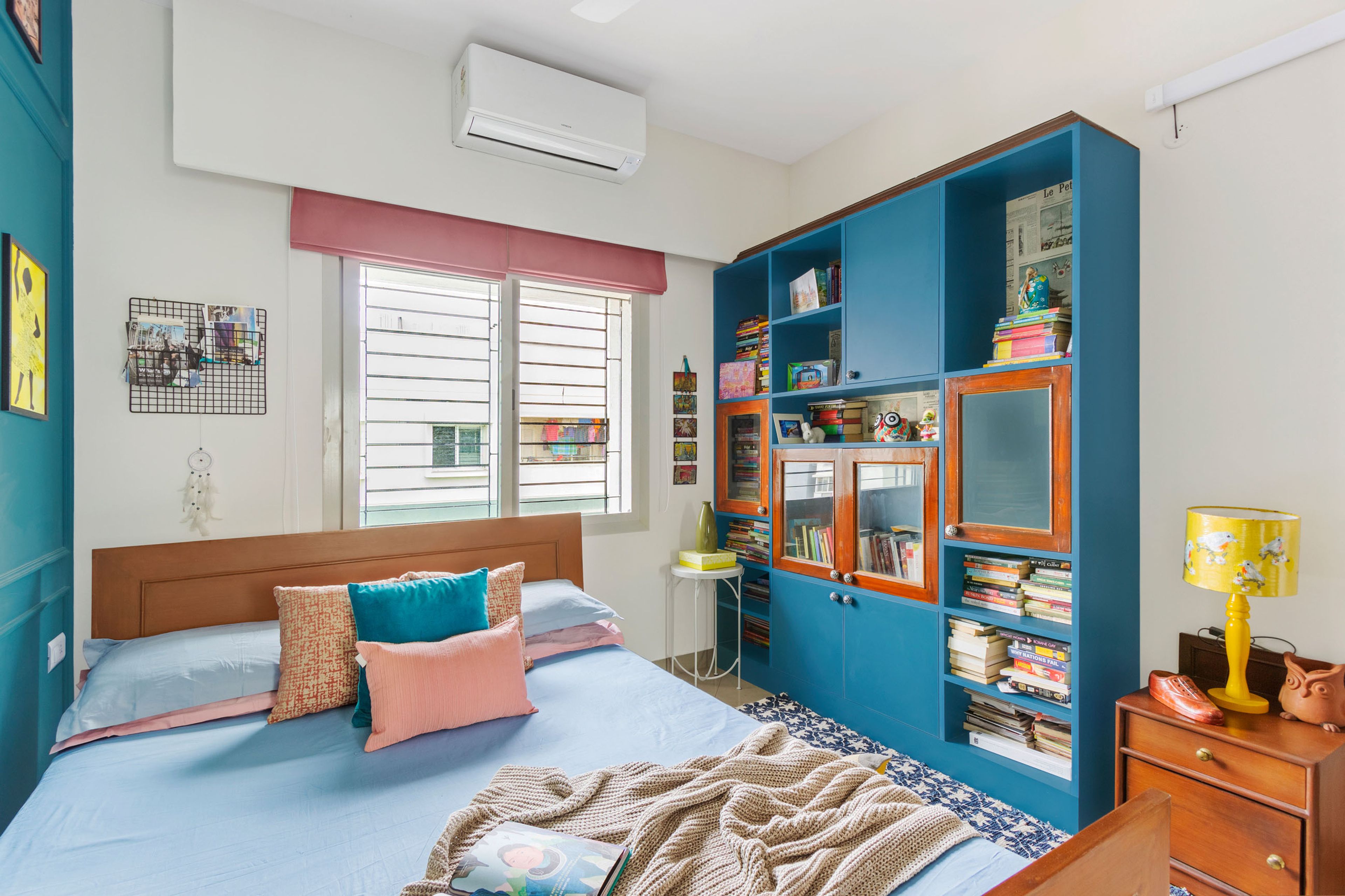 Kids Room With Wooden Bed, Blue And Wood Storage Unit With Dark Accent Wall - Livspace