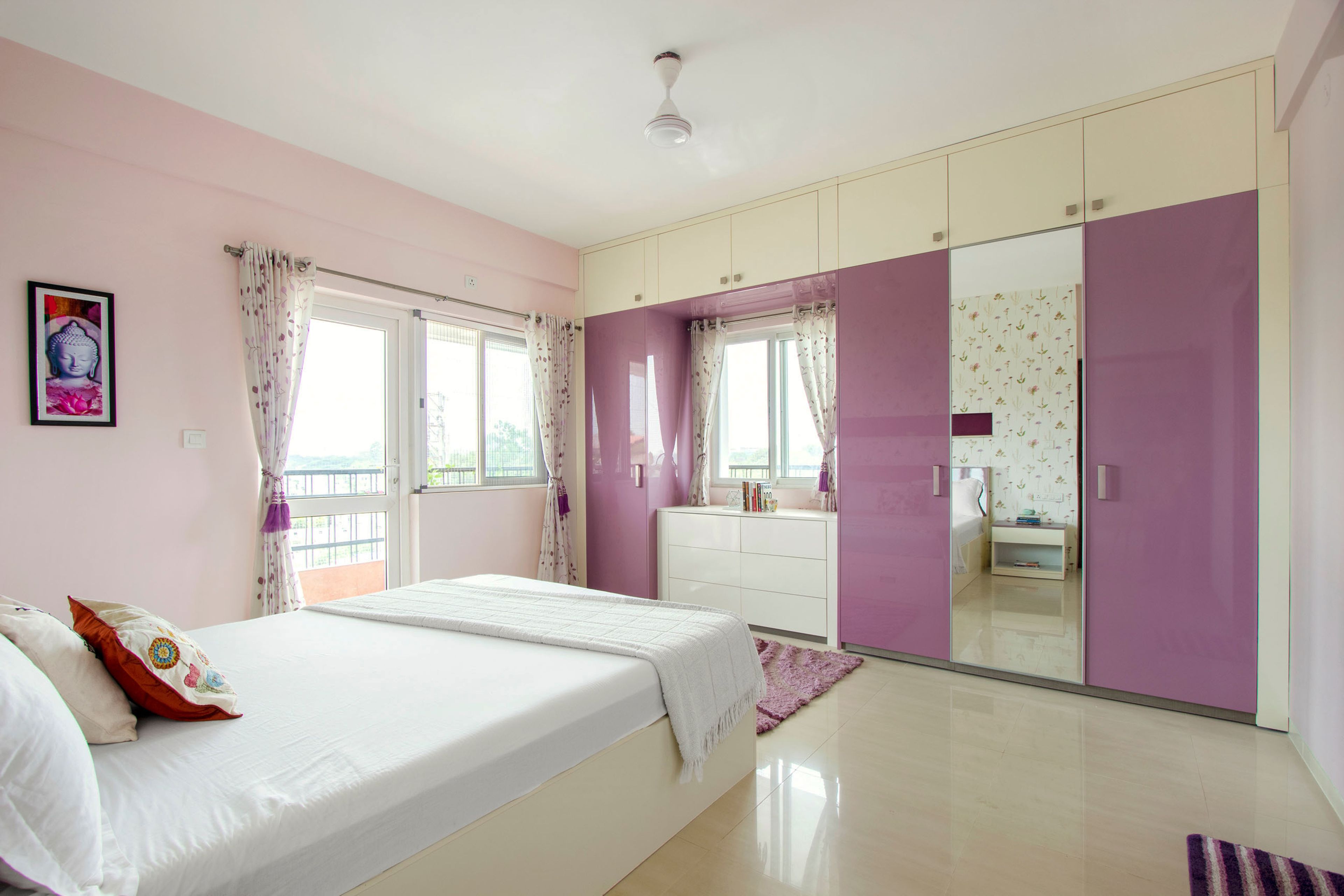 4-Door Purple And White Swing Wardrobe With Loft Storage And Mirror - Livspace