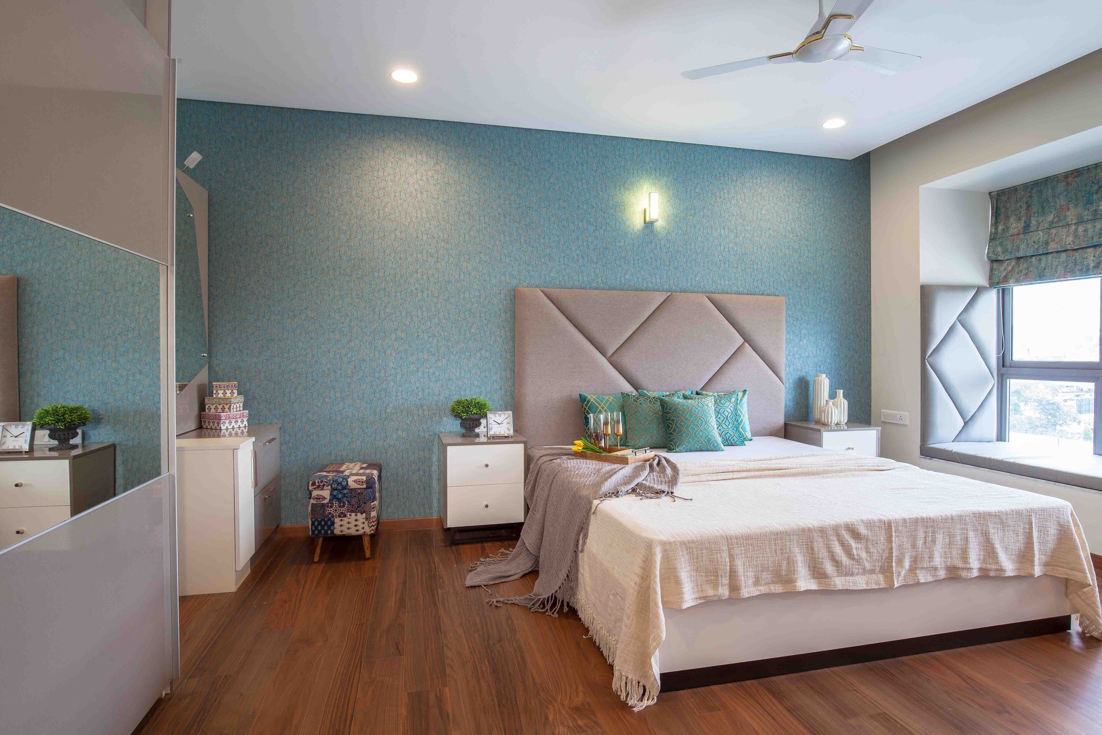 Grey And Blue Master Bedroom Design With Patterned Blue Wall - Livspace