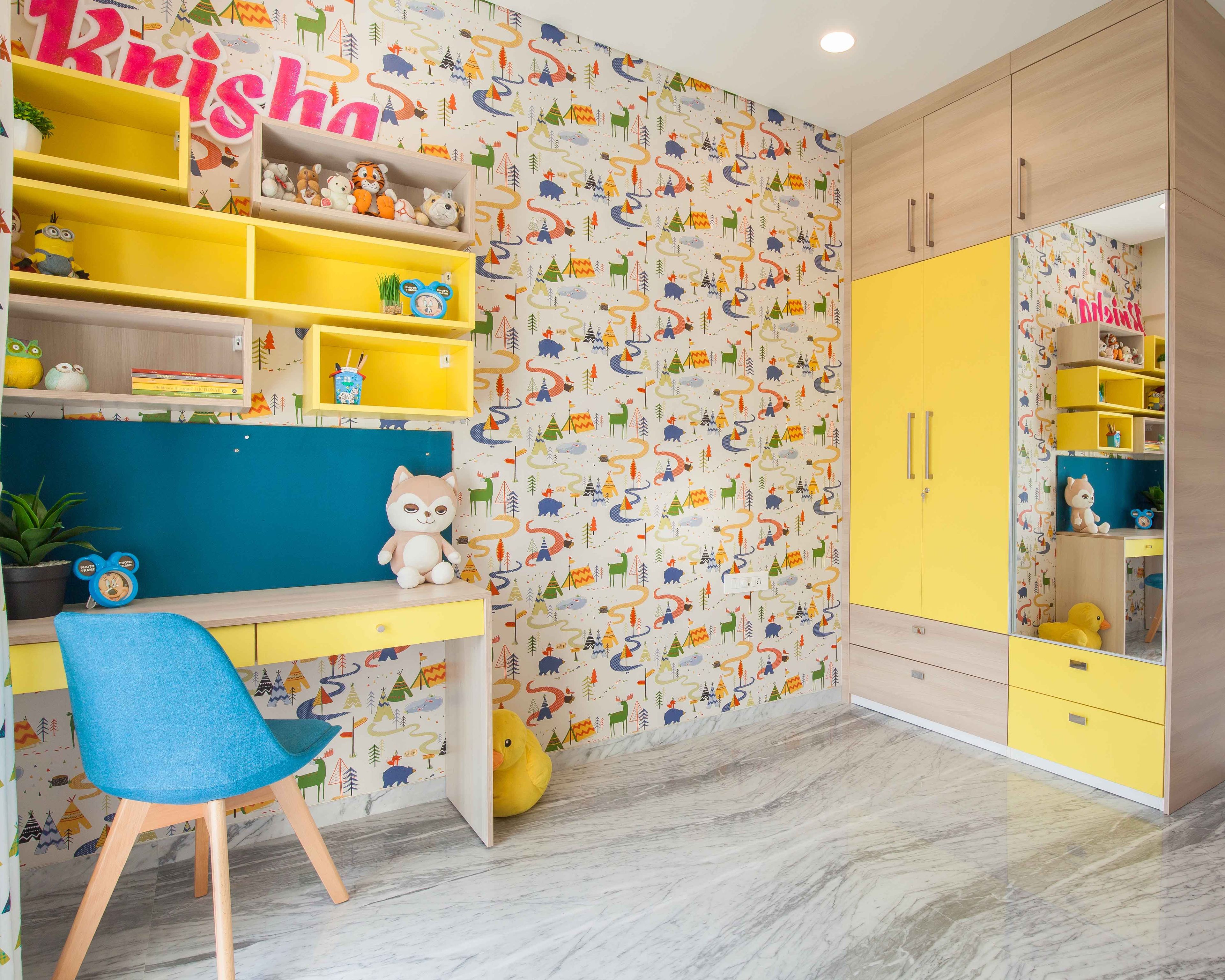 Kids Room With Wood And Yellow Swing Wardrobe And Multicoloured Wallpaper - Livspace