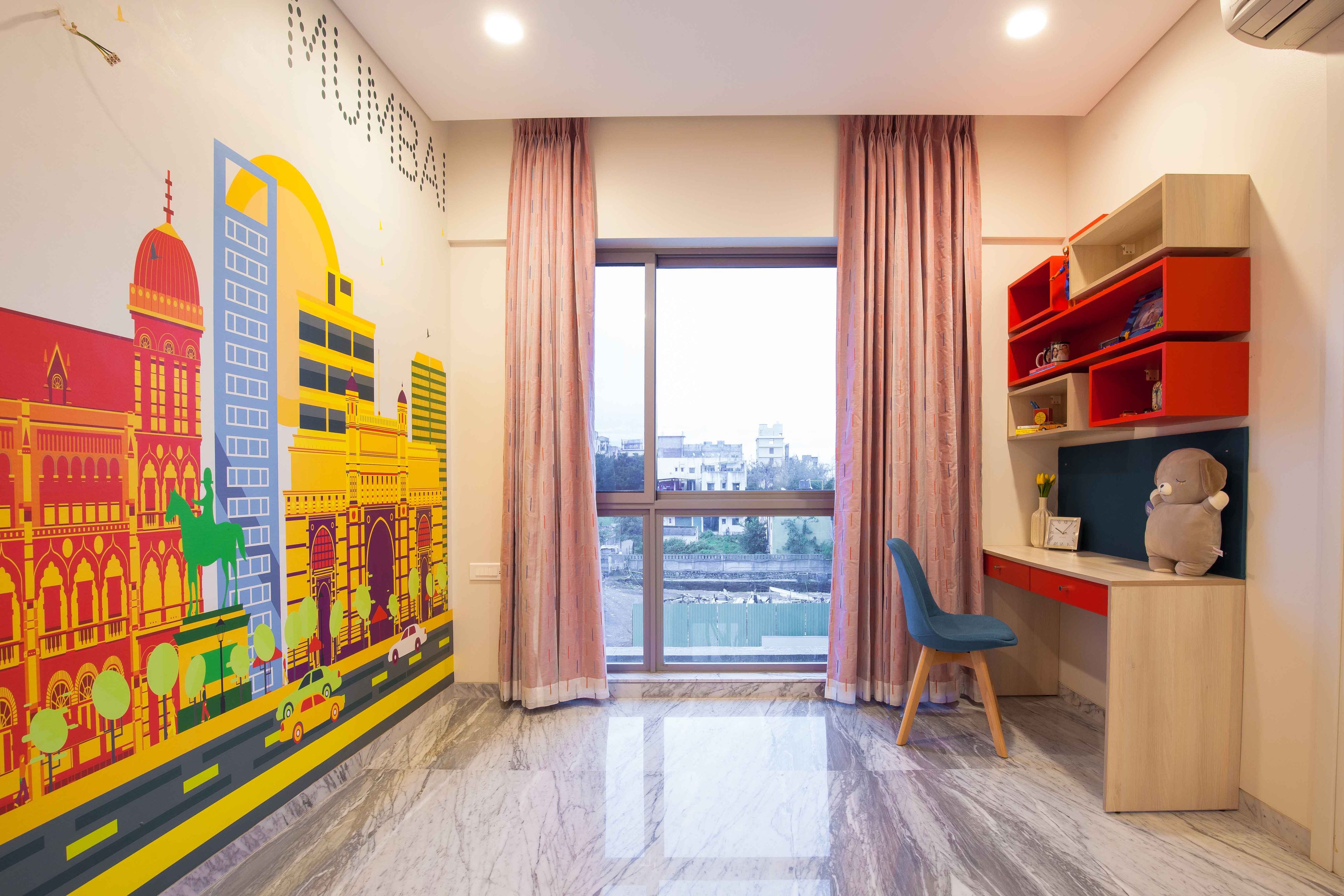Spacious Study Room Design With Mumbai Artwork-Wallpaper