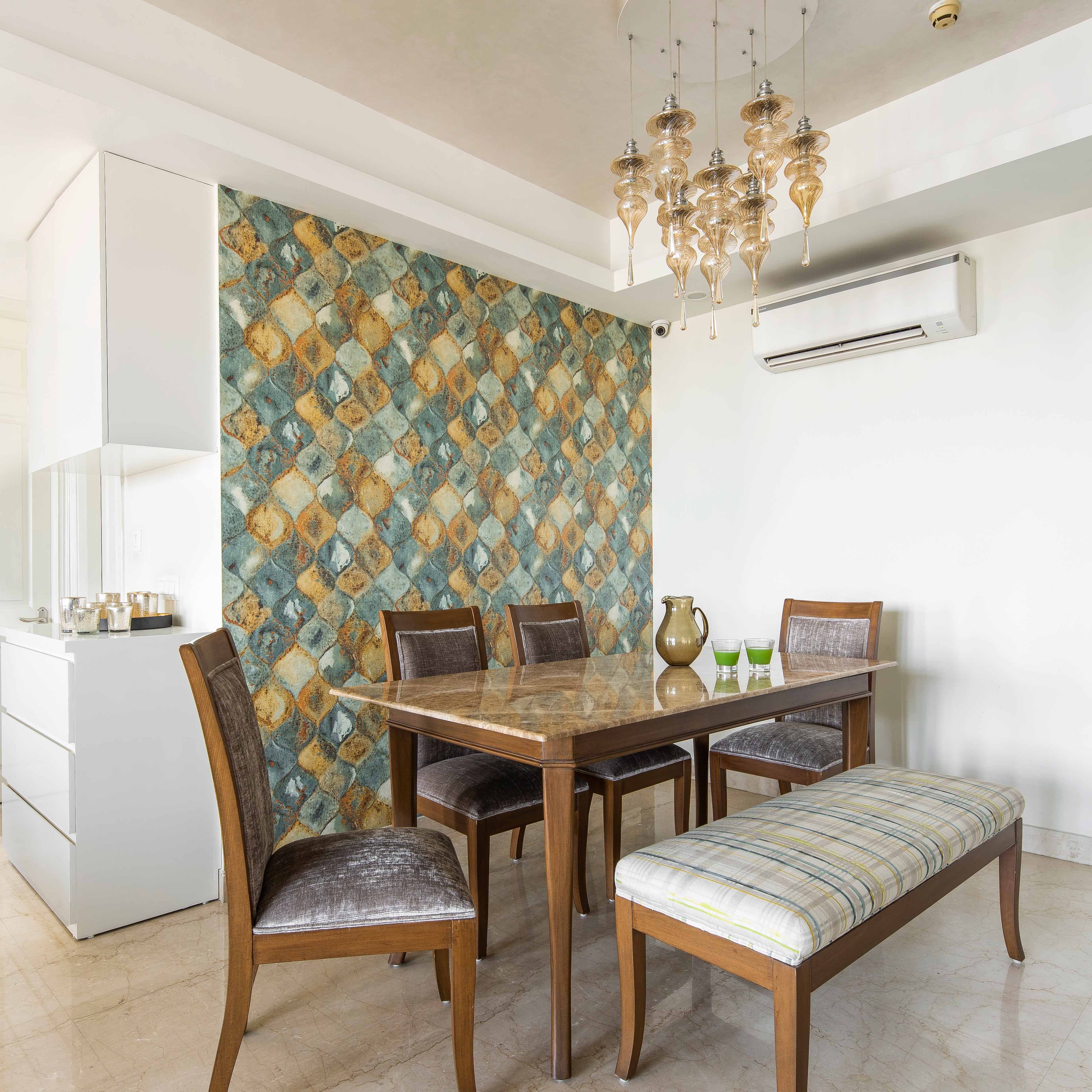 4-Seater Grey And Wood Dining Room Design With Long Bench And Multicoloured Abstract Wallpaper - Livspace