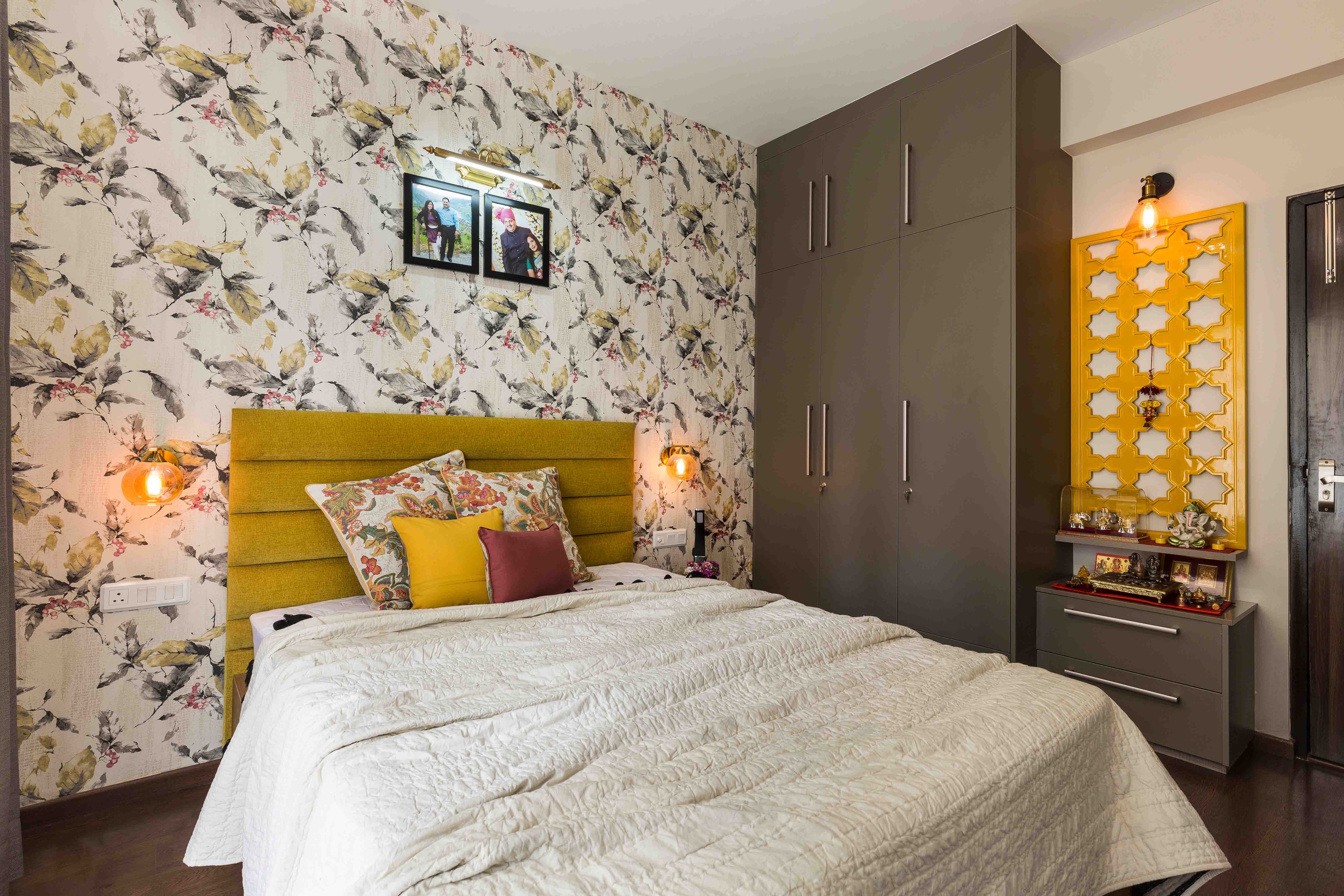 Guest Bedroom Design with Yellow Headboard and 3-Door Swing Wardrobe - Livspace