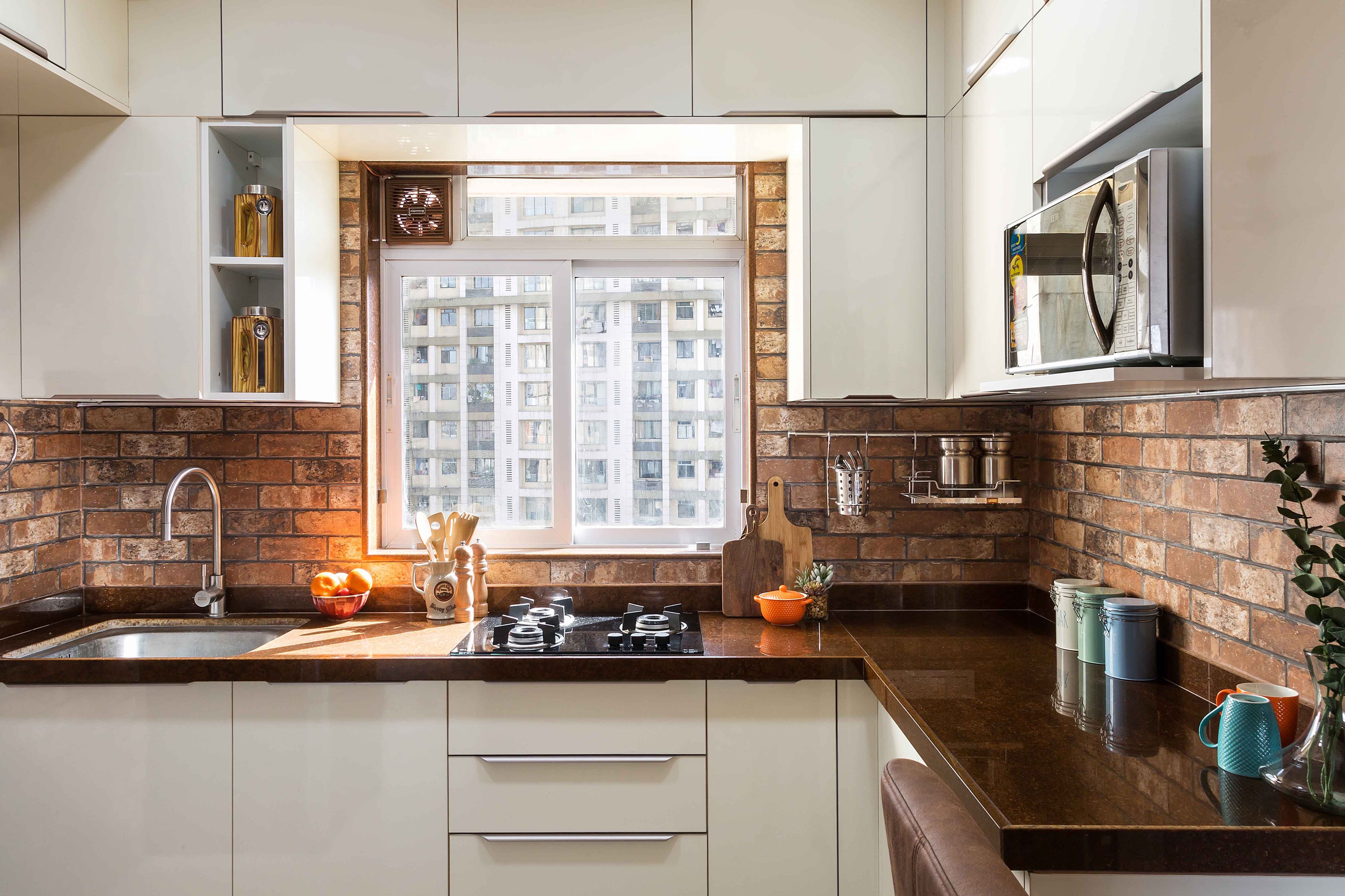 L-Shaped White Modular Kitchen Design