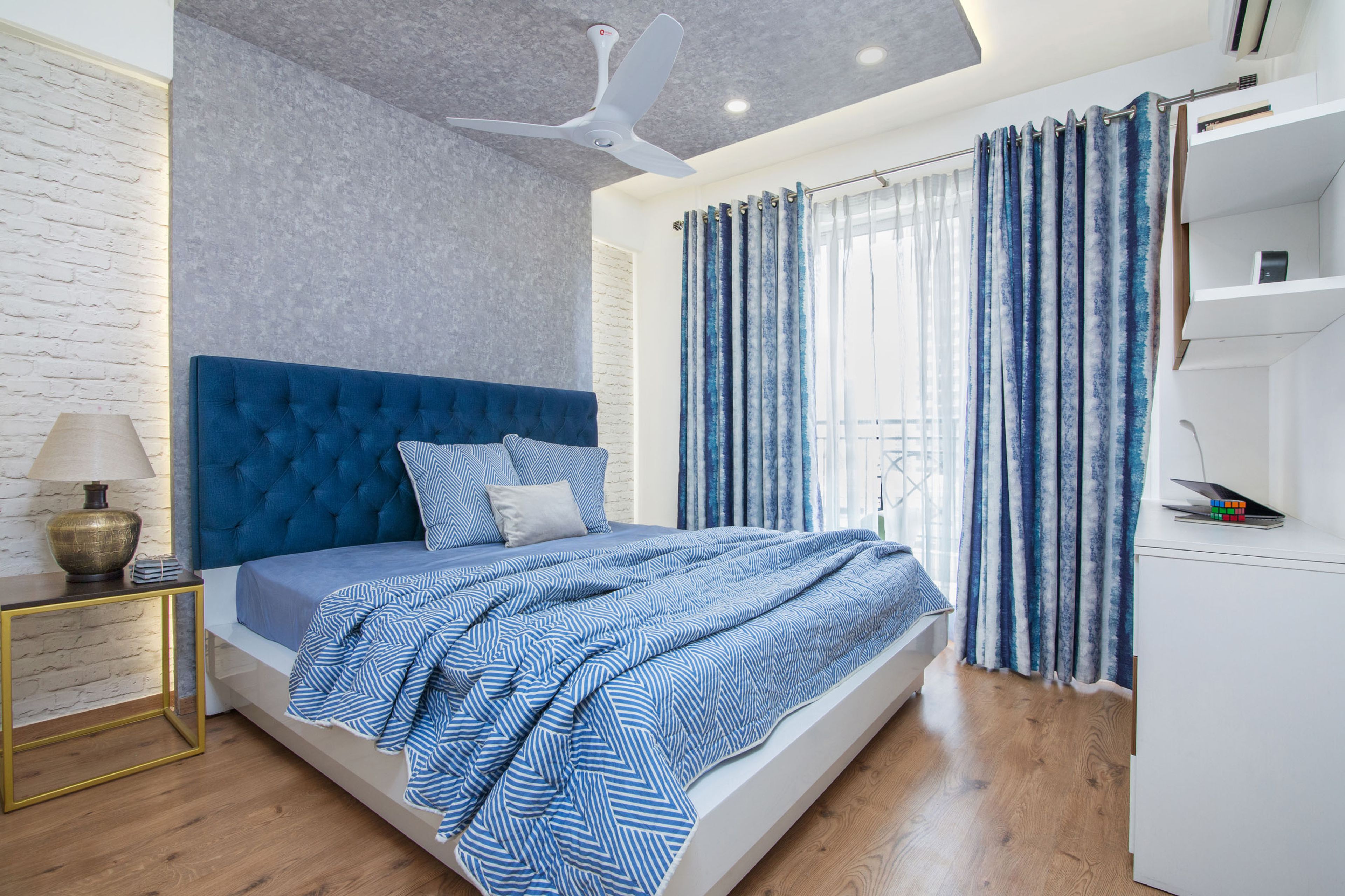 Guest Bedroom with Blue and White Textured Wallpaper