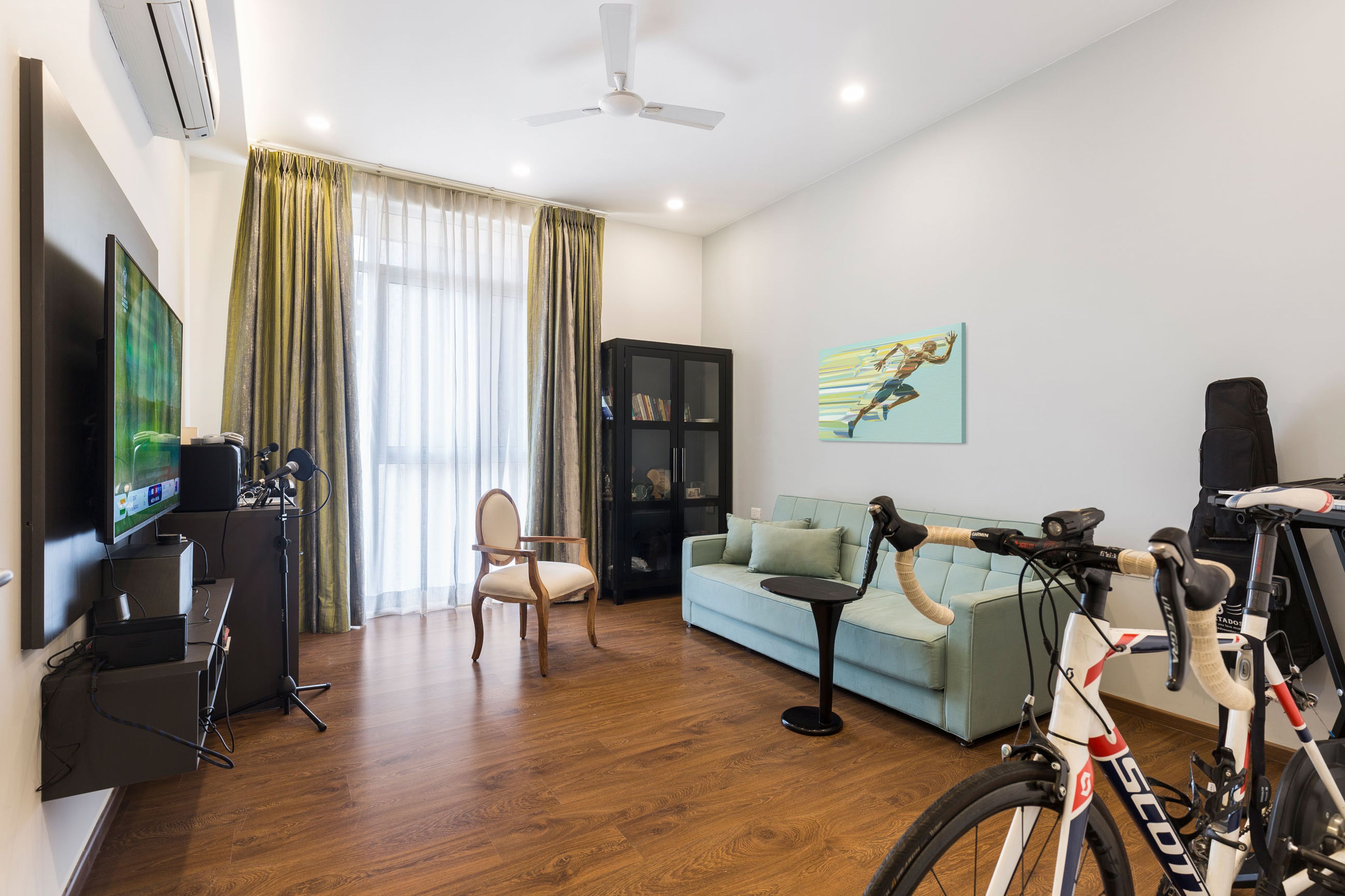 Home Theatre Room Design with Blue Sofa