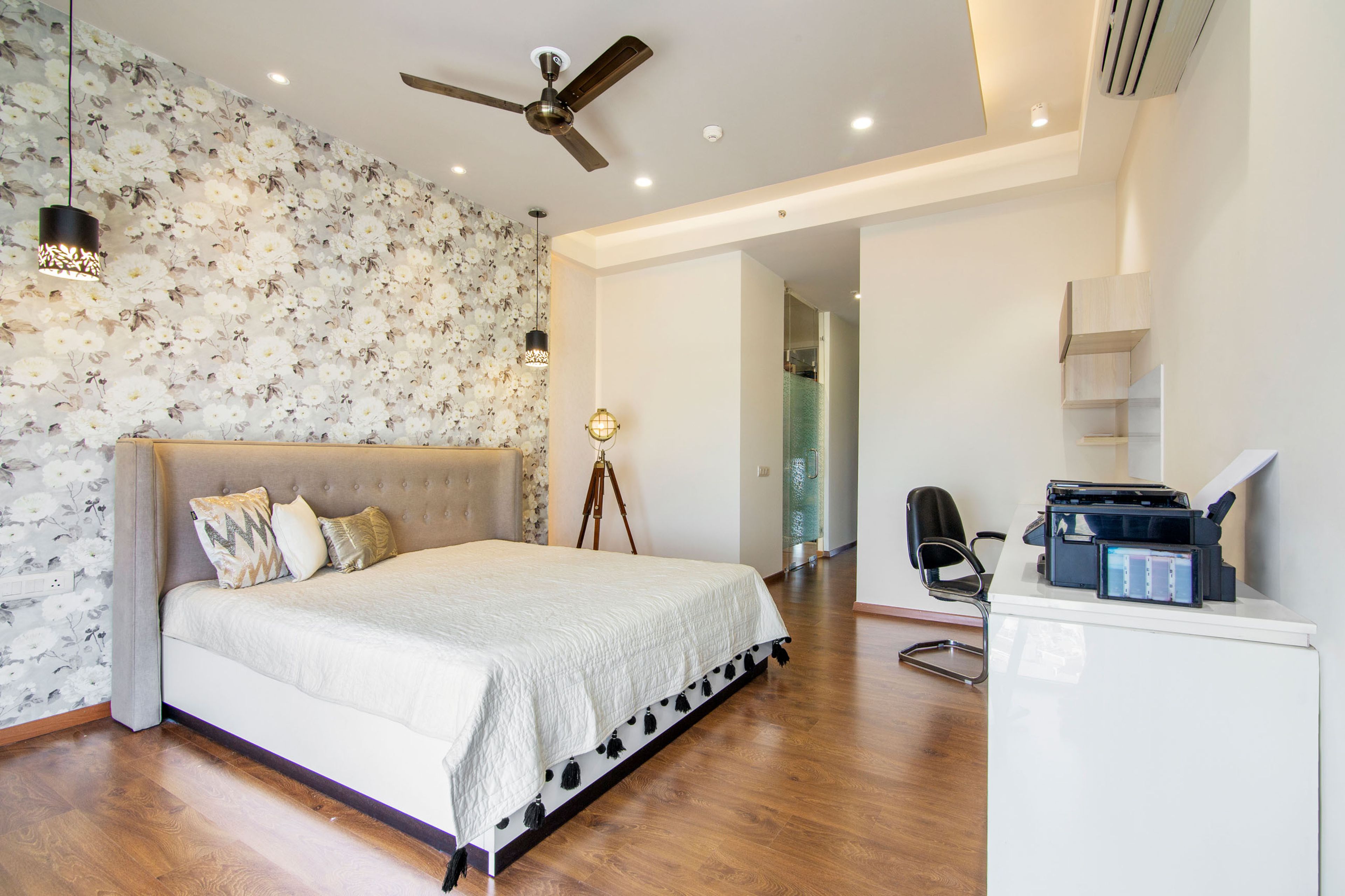 Master Bedroom Design with Floral Wallpaper