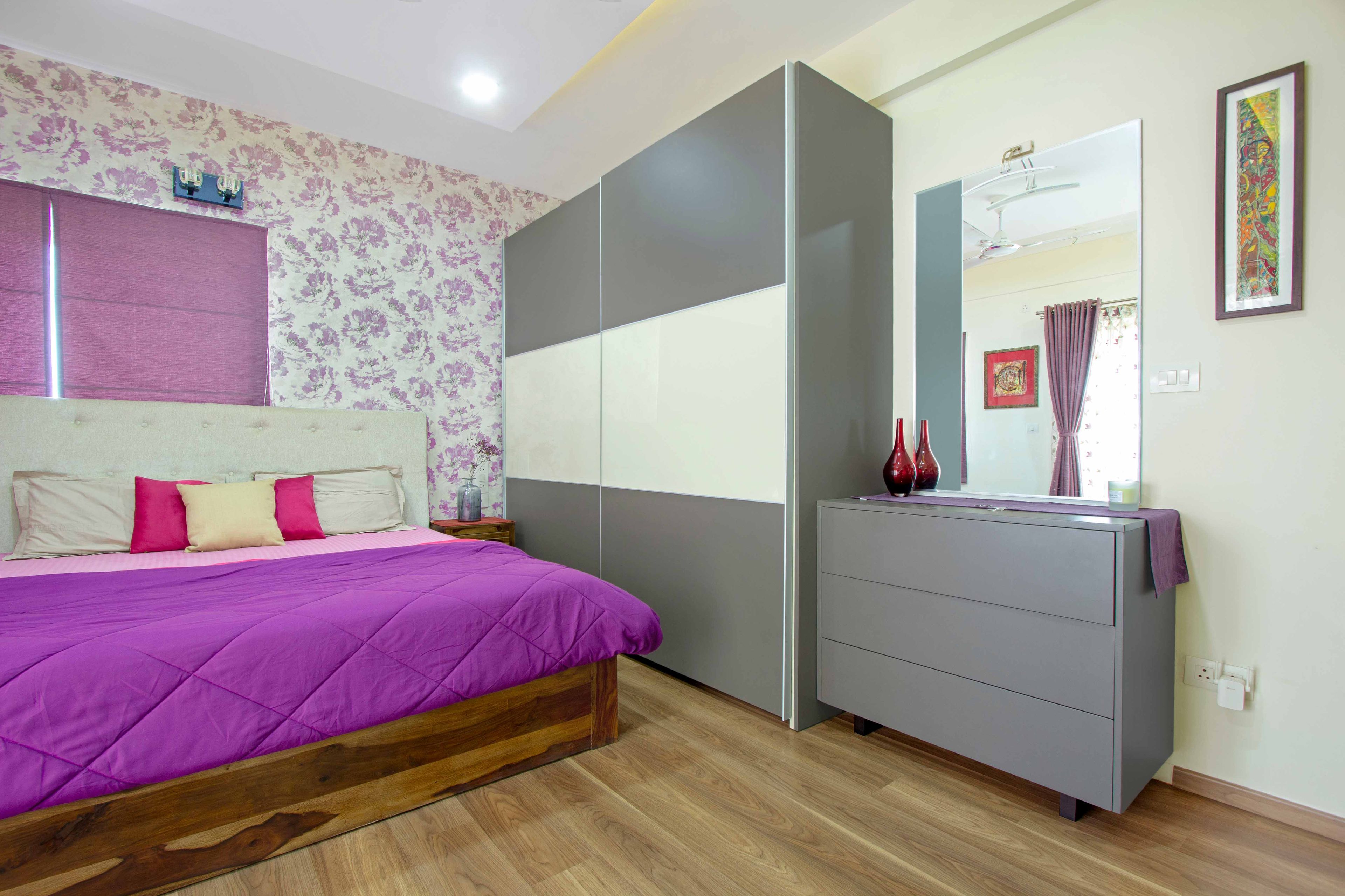 Guest Bedroom Design with 2-Door Grey and White Sliding Wardrobe and Grey Dressing Table with Mirror - Livspace