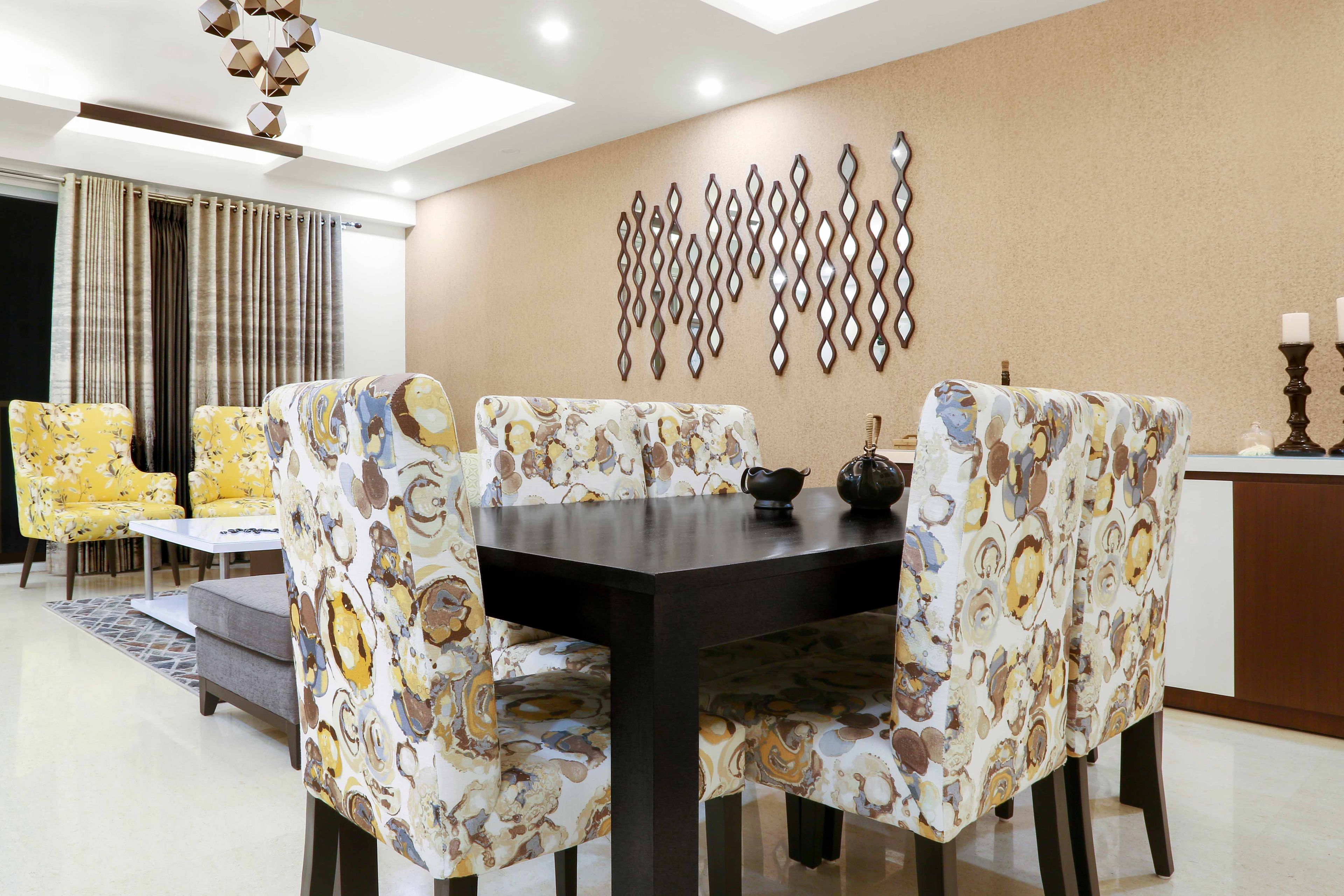 6-Seater Dark Wood And Beige Patterned Dining Table Opening To The Living Room - Livspace