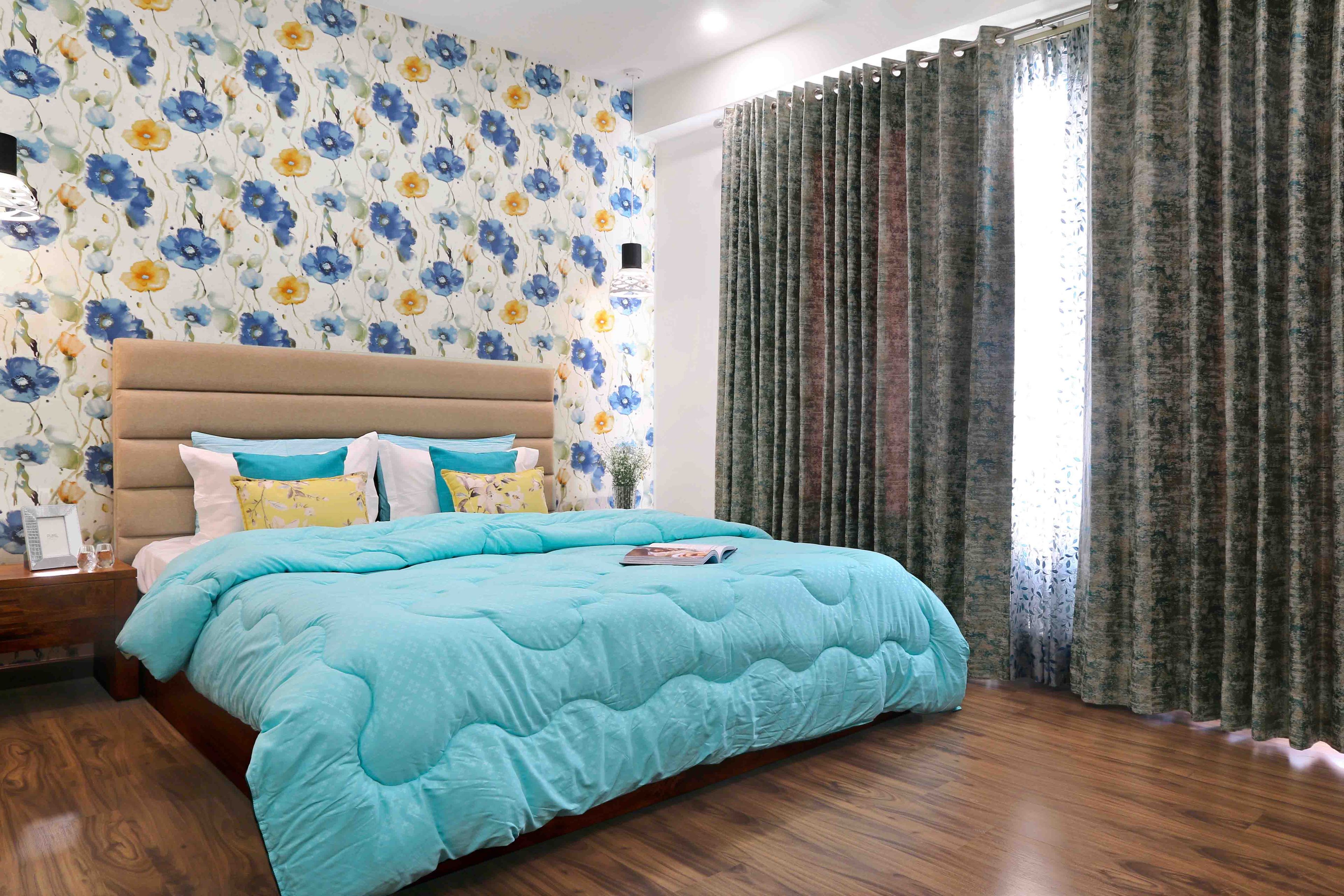 Beige And Blue Master Bedroom Design With Floral Wallpaper - Livspace