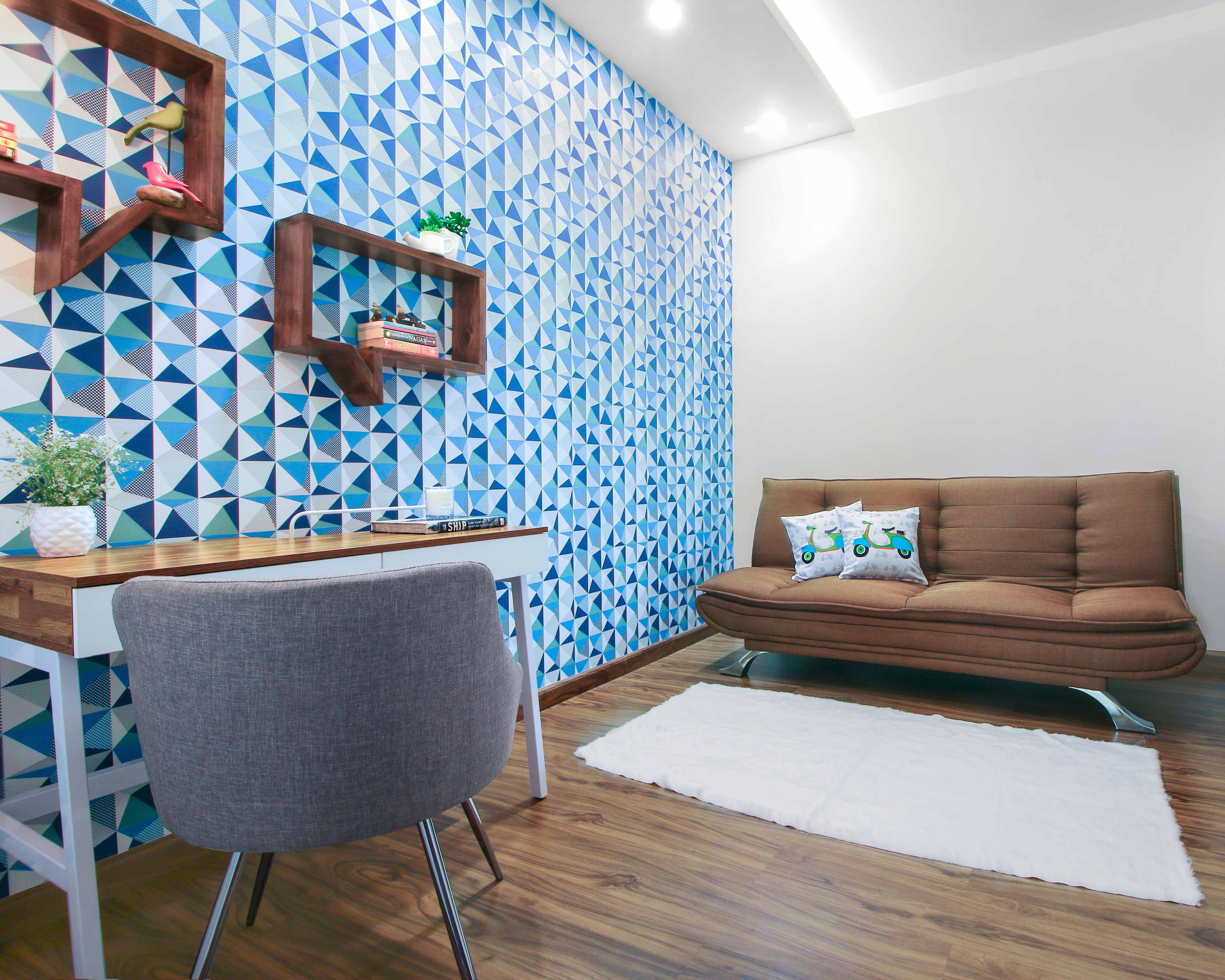 Blue And Brown Home Office Design With Blue Geometric Wallpaper - Livspace