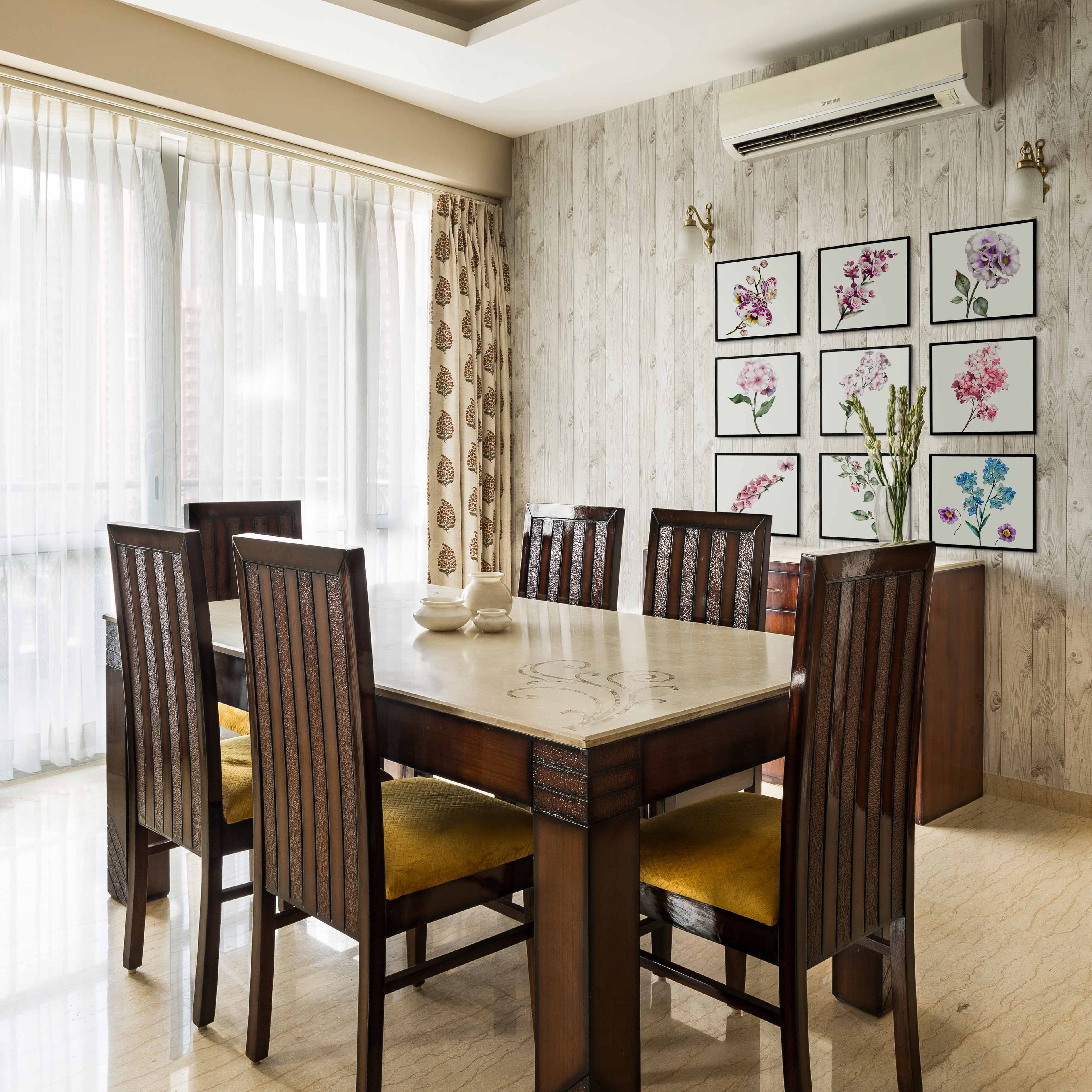 6-Seater Wood And Yellow Dining Room With Light Wood Accent Wall - Livspace