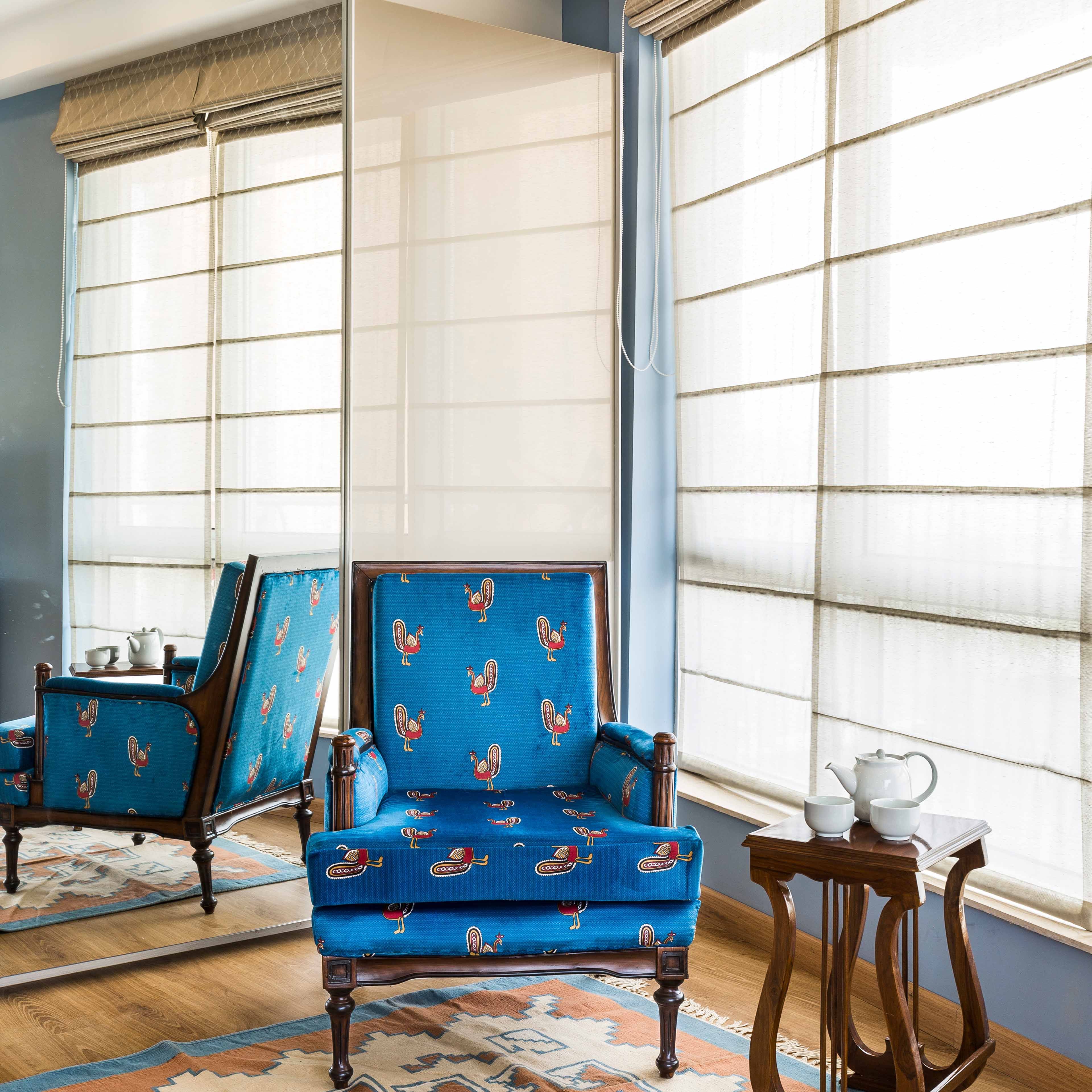 Blue Accent Chair WIth Mirrored Swing Wardrobe - Livspace