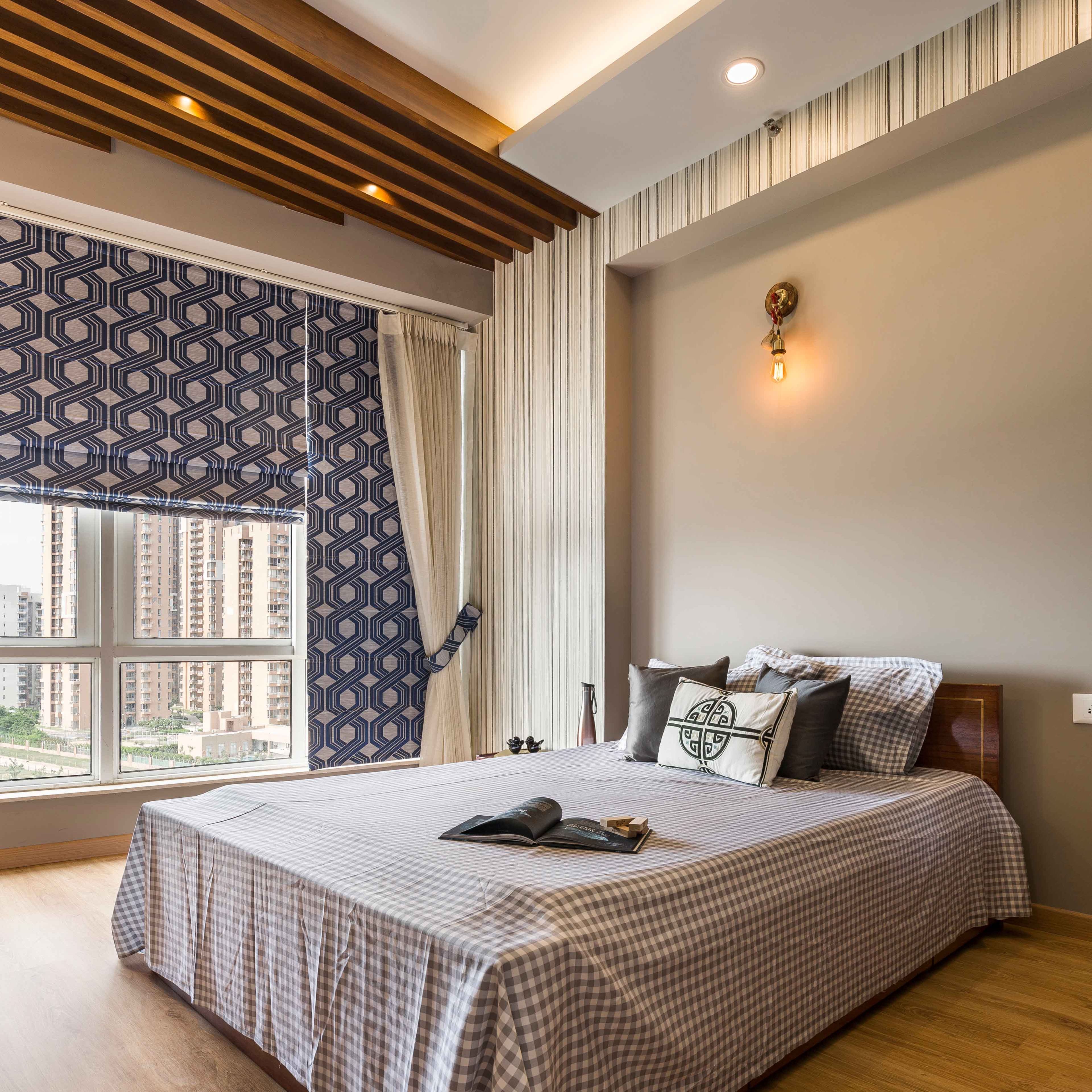 Guest Room With Wooden Bed And Wooden Rafters False Ceiling - Livspace
