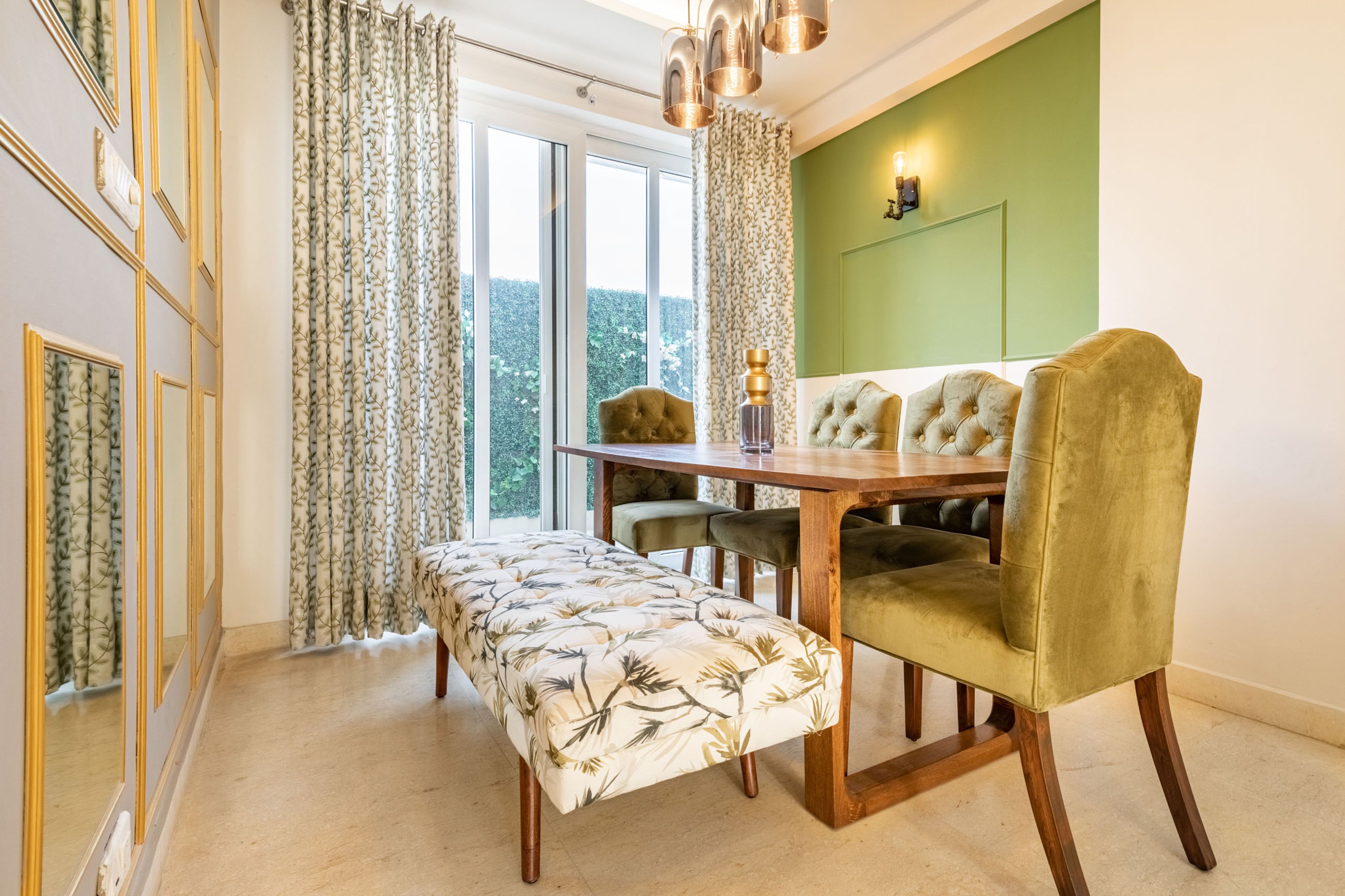 Contemporary 3-BHK Flat Design In Gurgaon With Green And Wood Dining Room