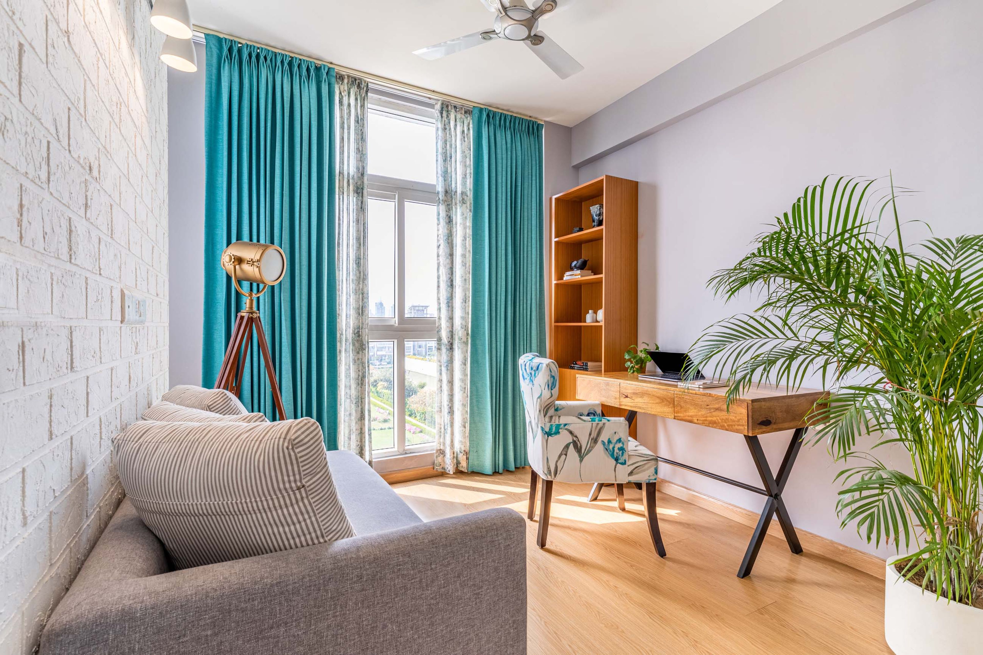Grey And Wood Home Office With White Brick Accent Wall - Livspace