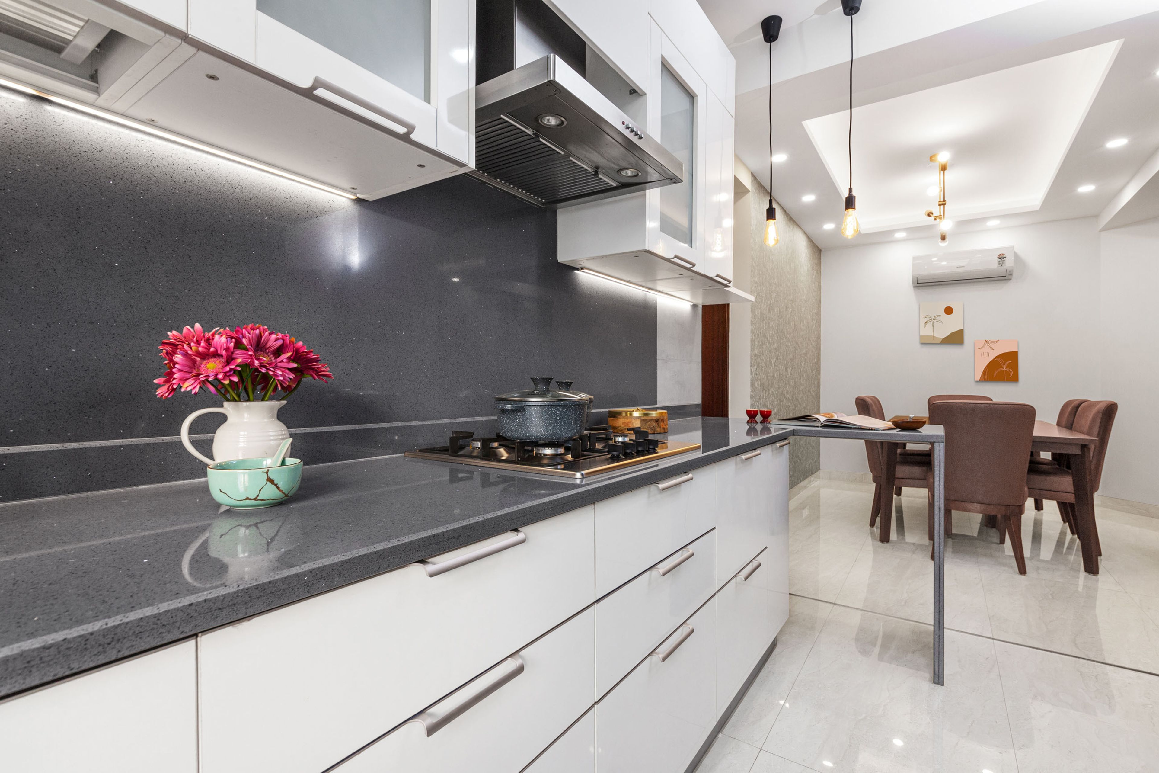 Modular U-Shaped Grey And White Kitchen OpenT Brown Dining Table - Livspace