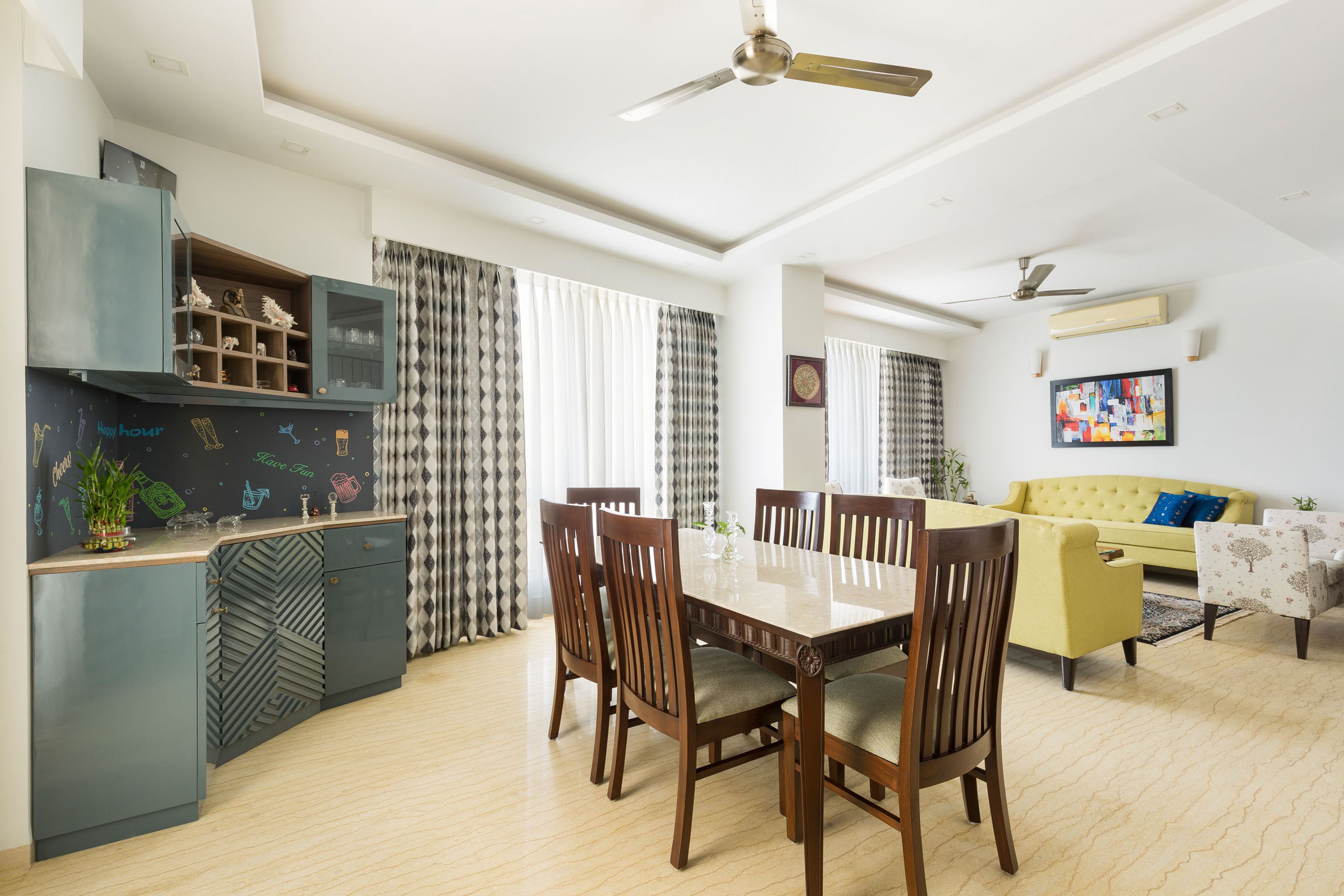 Beige And Wood 6-Seater Dining Room Design Opens To Living Room - Livspace