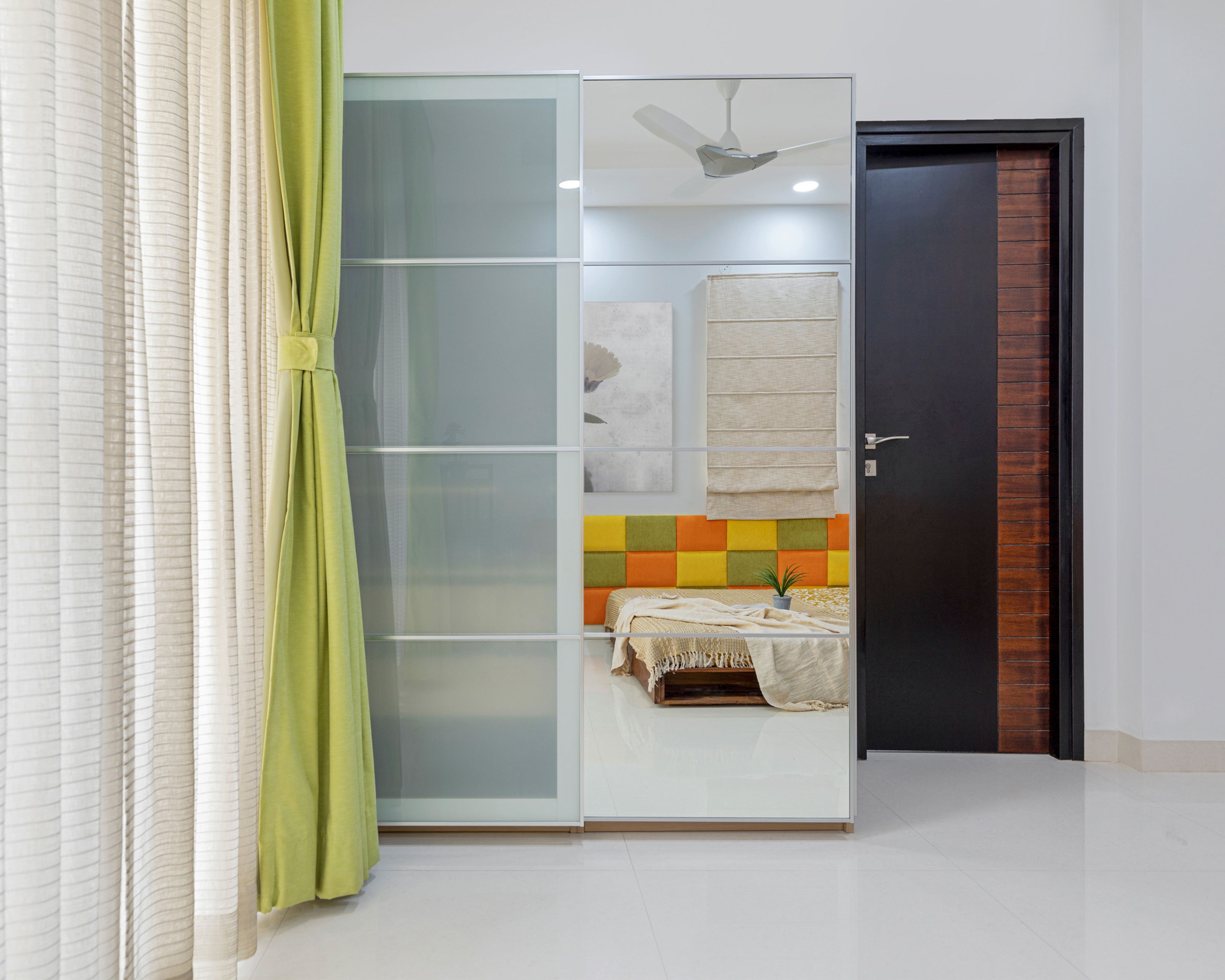 Compact Kids Bedroom Design For Girls With 2-Door Sliding Wardrobe With Mirror And Frosted Glass Shutter - Livspace