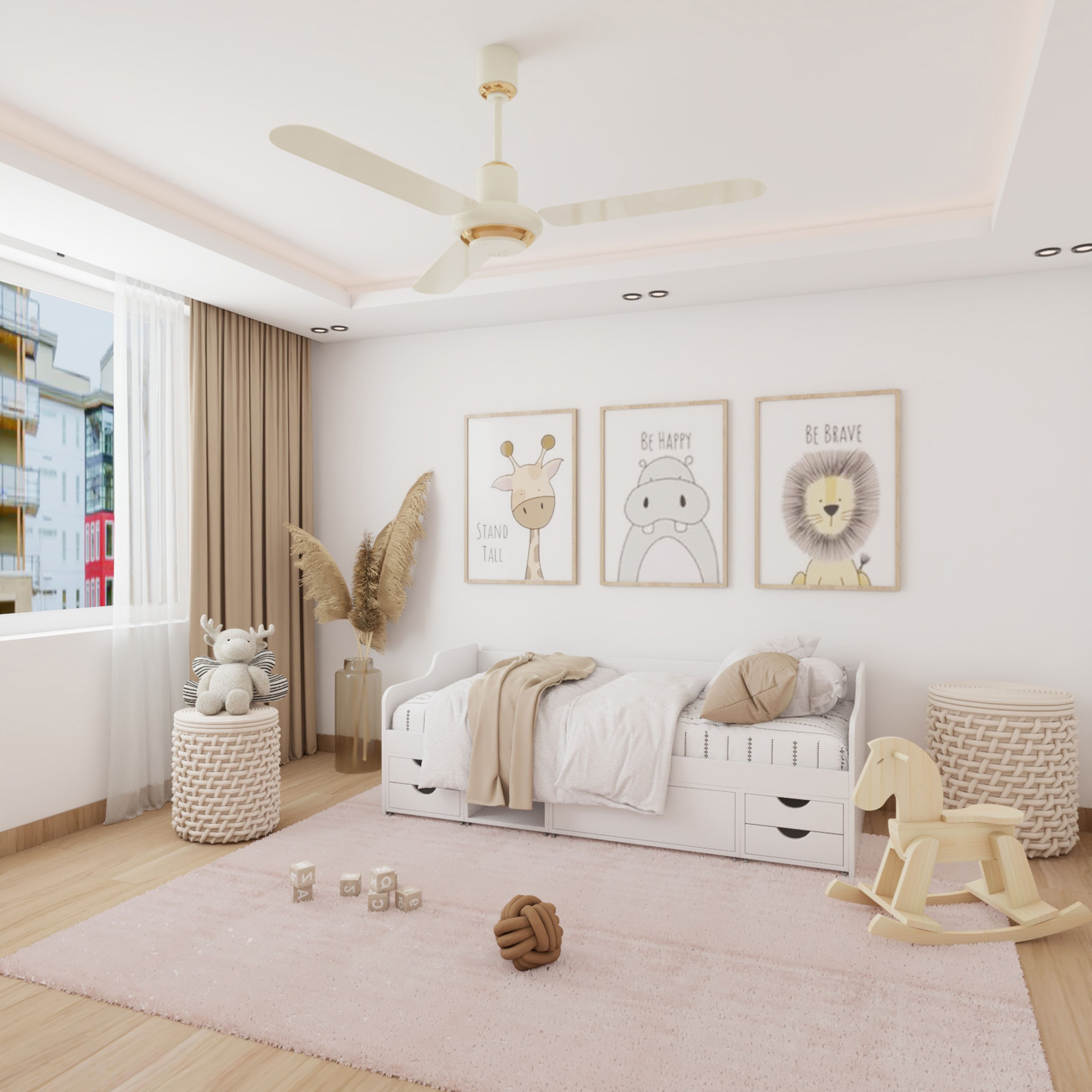 Minimal Kids Room Design With White Single Bed And Wooden Flooring