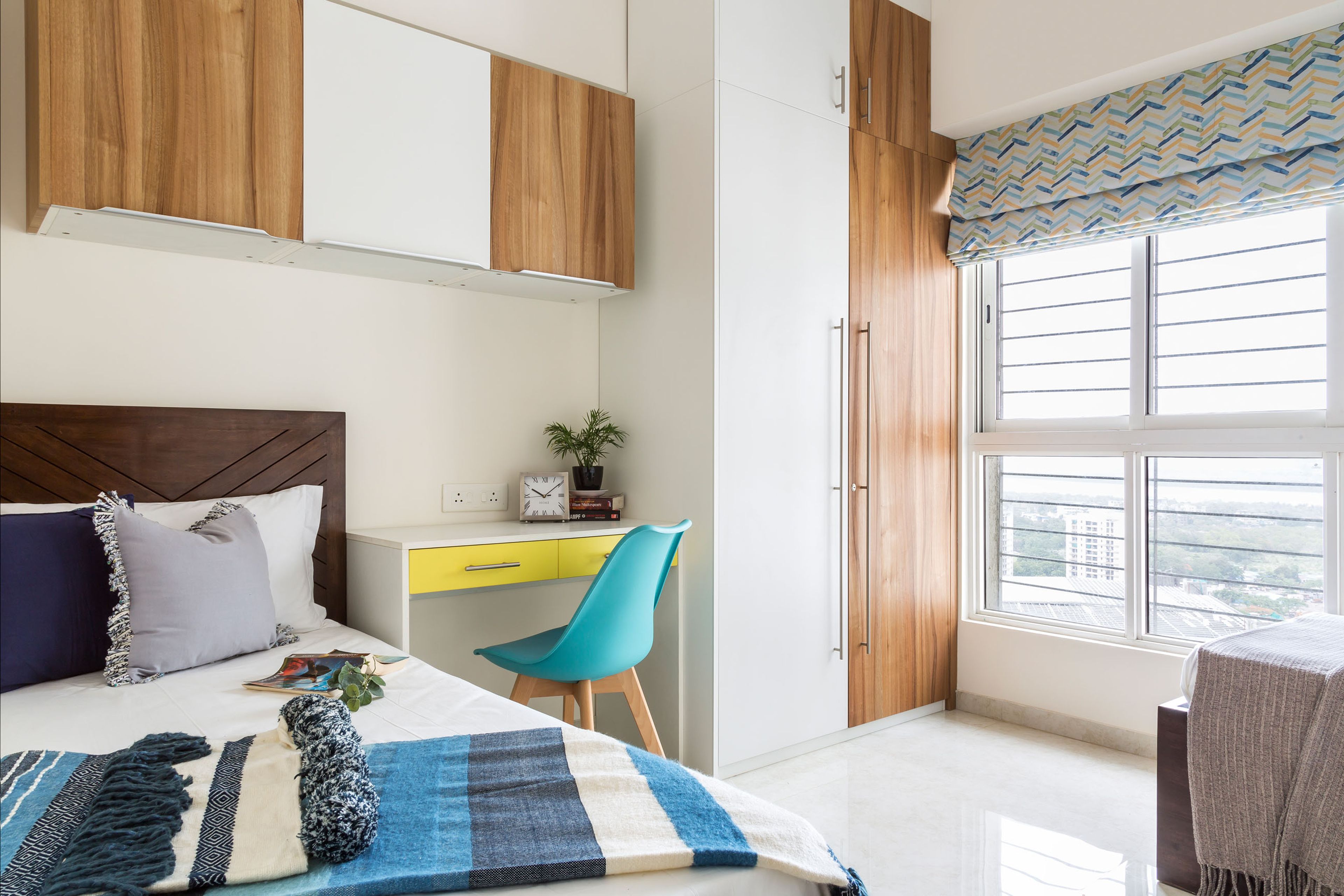 Modern White And Wood Kids Room Design With Yellow And White Study Unit