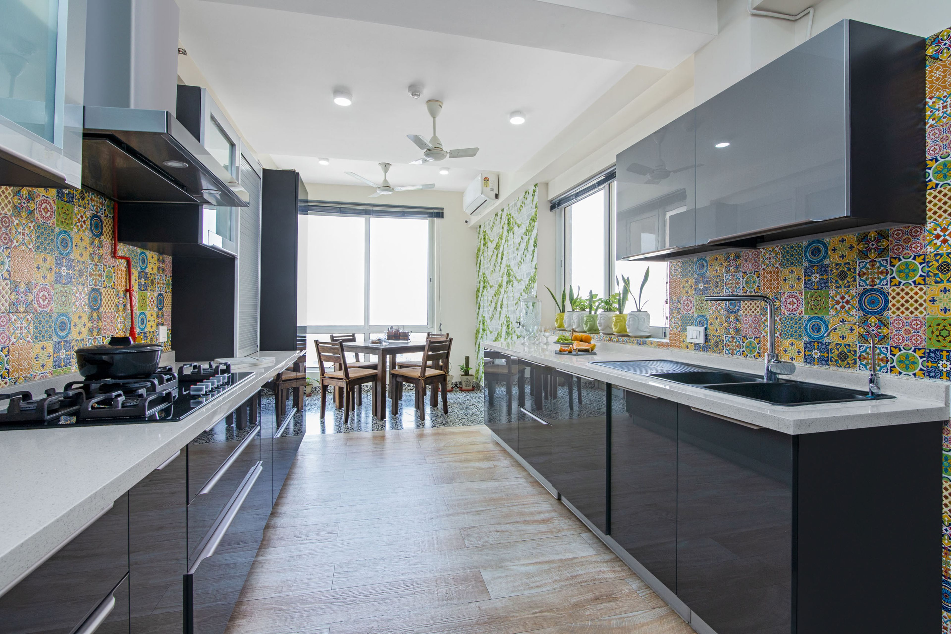 Contemporary Modular Grey Parallel Kitchen Cabinet Design With Multicoloured Moroccan Backsplash