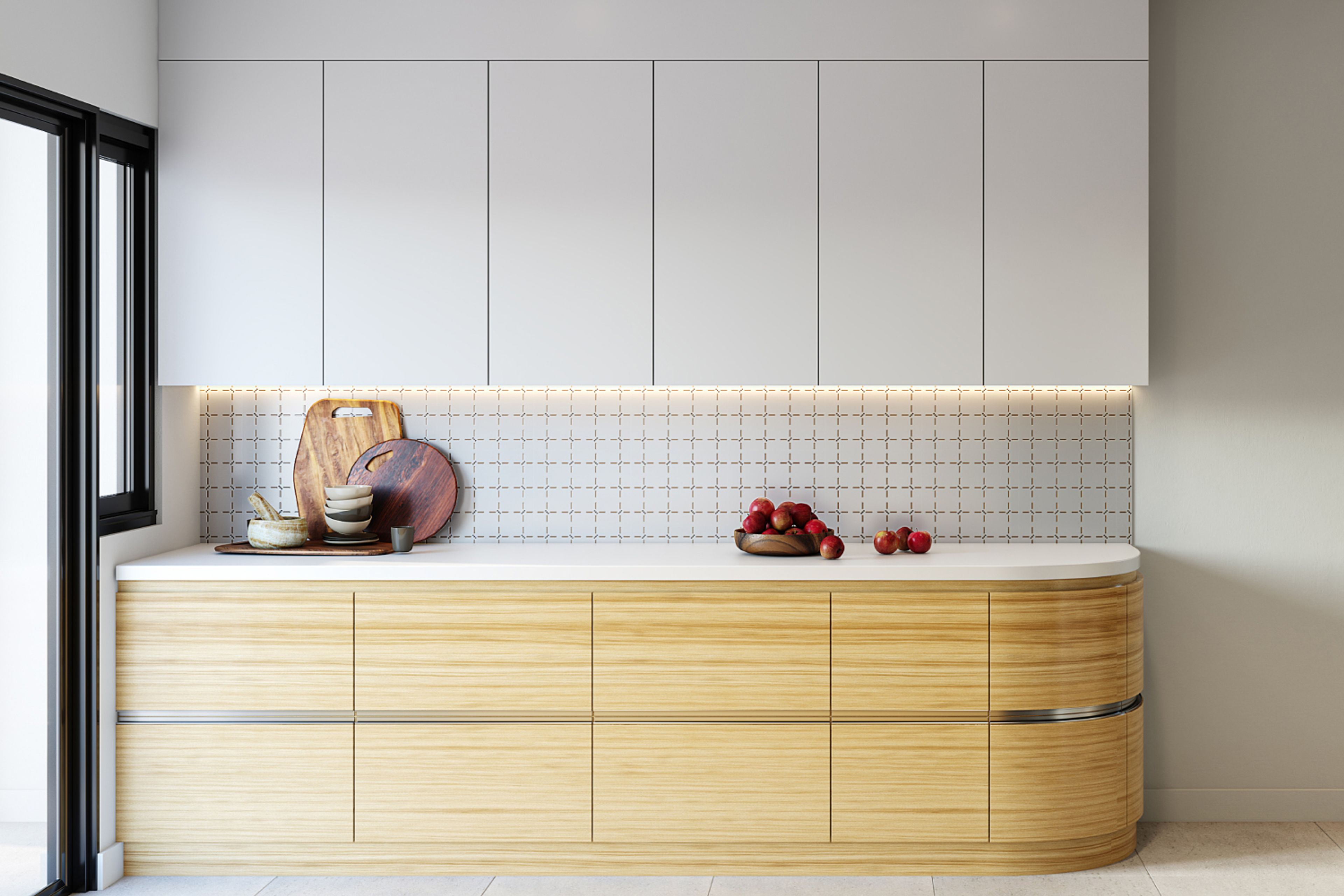 Scandinavian White And Wood Kitchen Cabinet Design With 4-Point Star Patterned Backsplash - Livspace