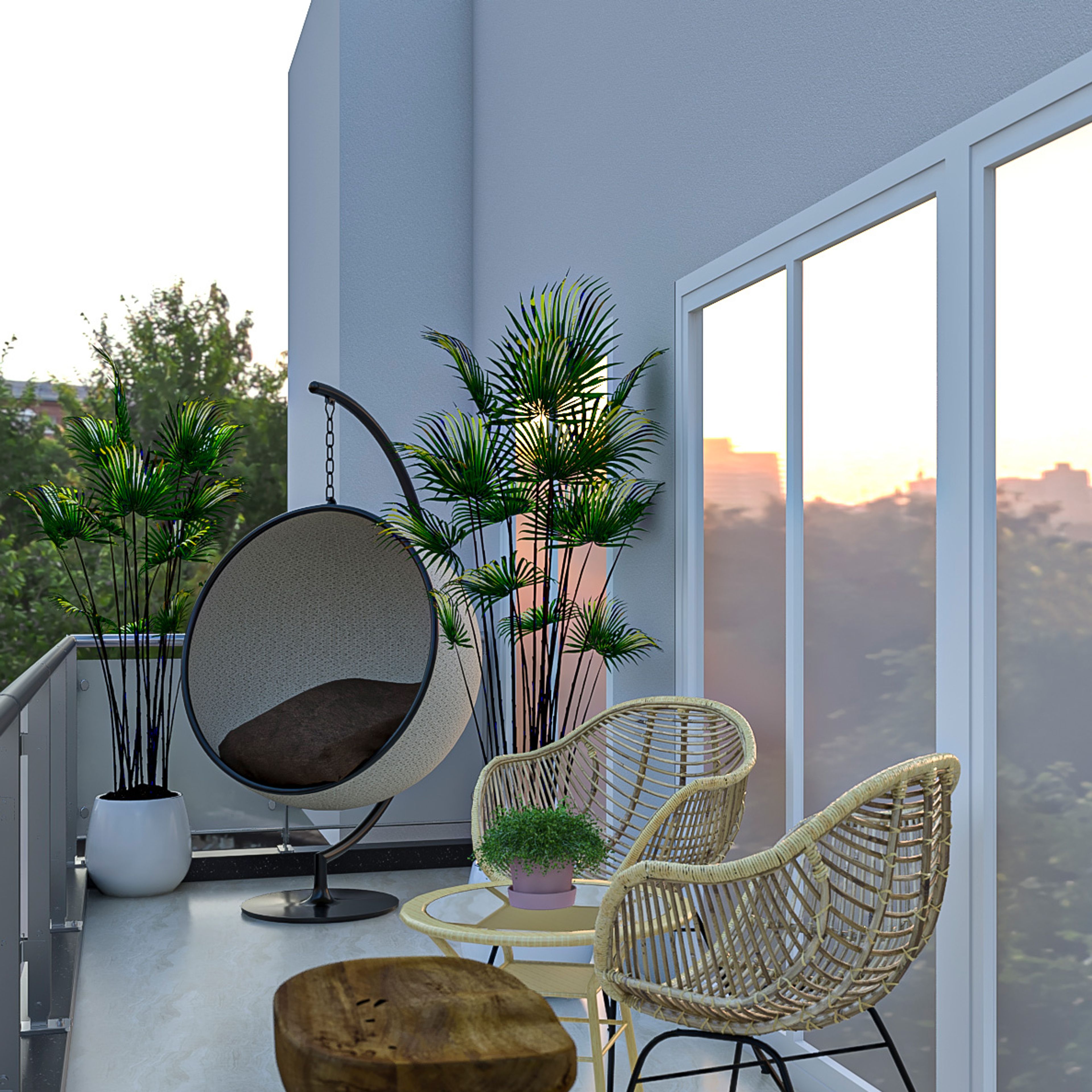 Balcony Design With Textured White Wall, Cane Furniture, Nest Swing And Potted Plants - Livspace
