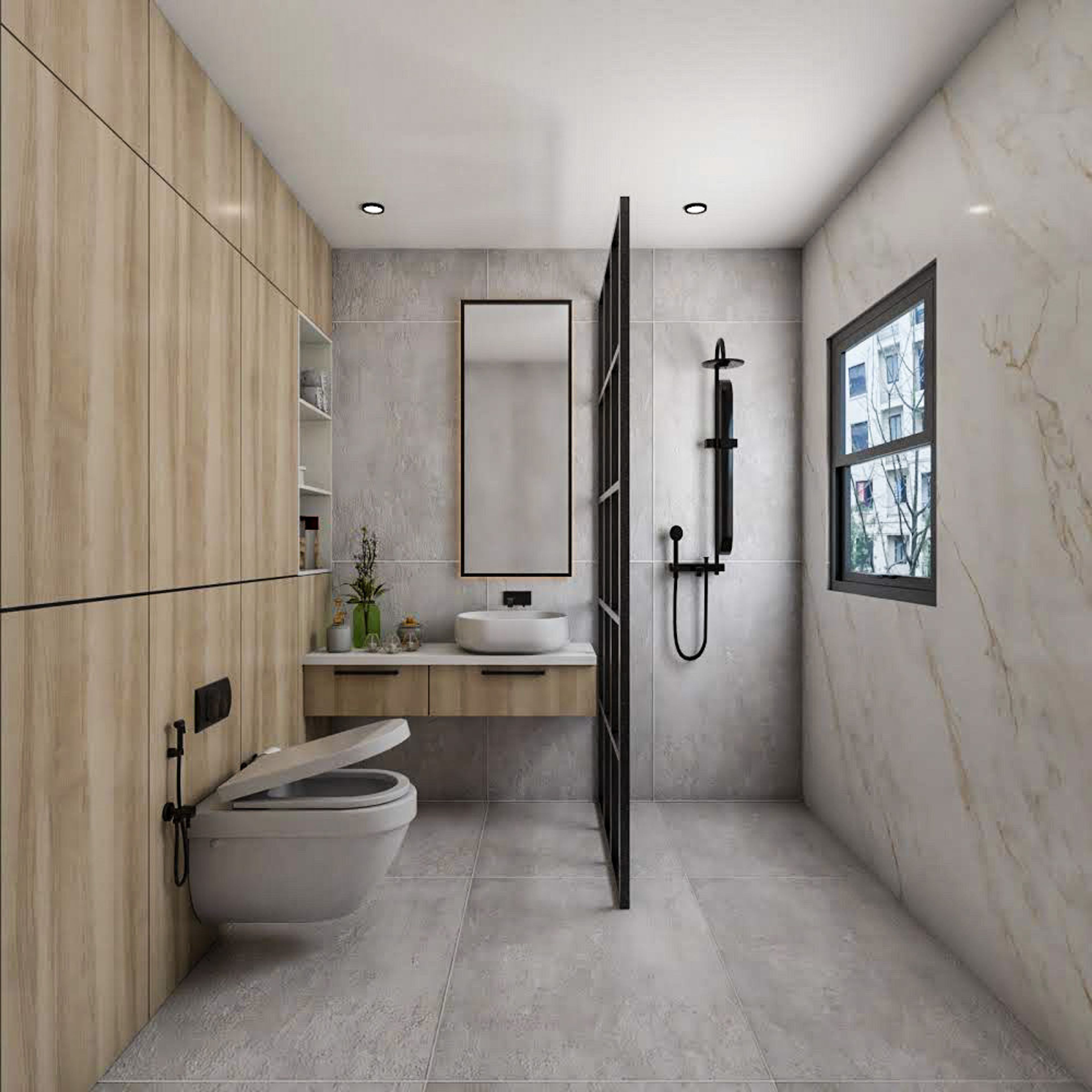 Contemporary White Marble And Wood Bathroom Design With Glass Partition