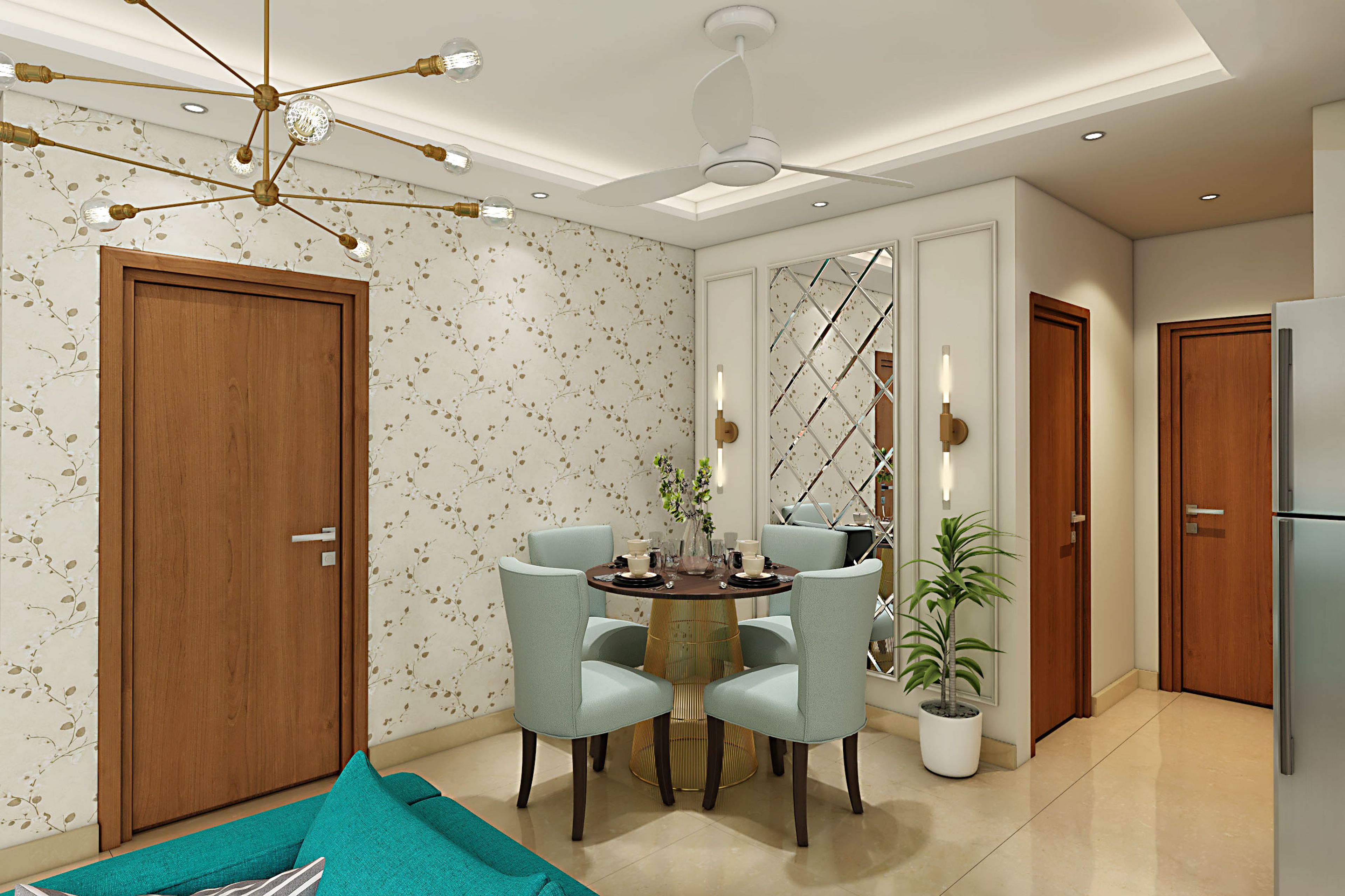 Contemporary 4-Seater Round Dining Room Design With Pastel Blue Chairs