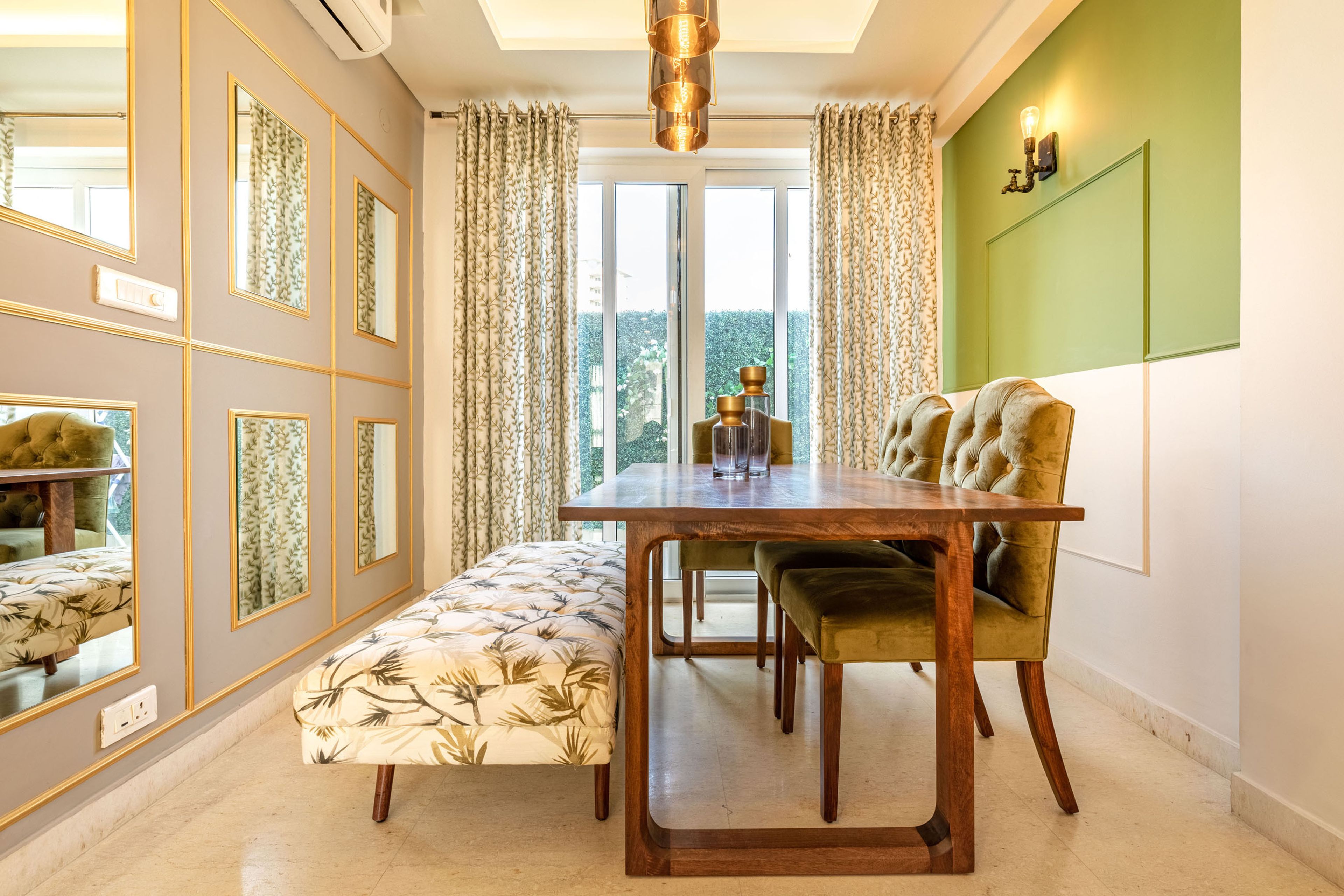 Contemporary 3-Seater Wood And Green Dining Room Design With Patterned Leafy Bench