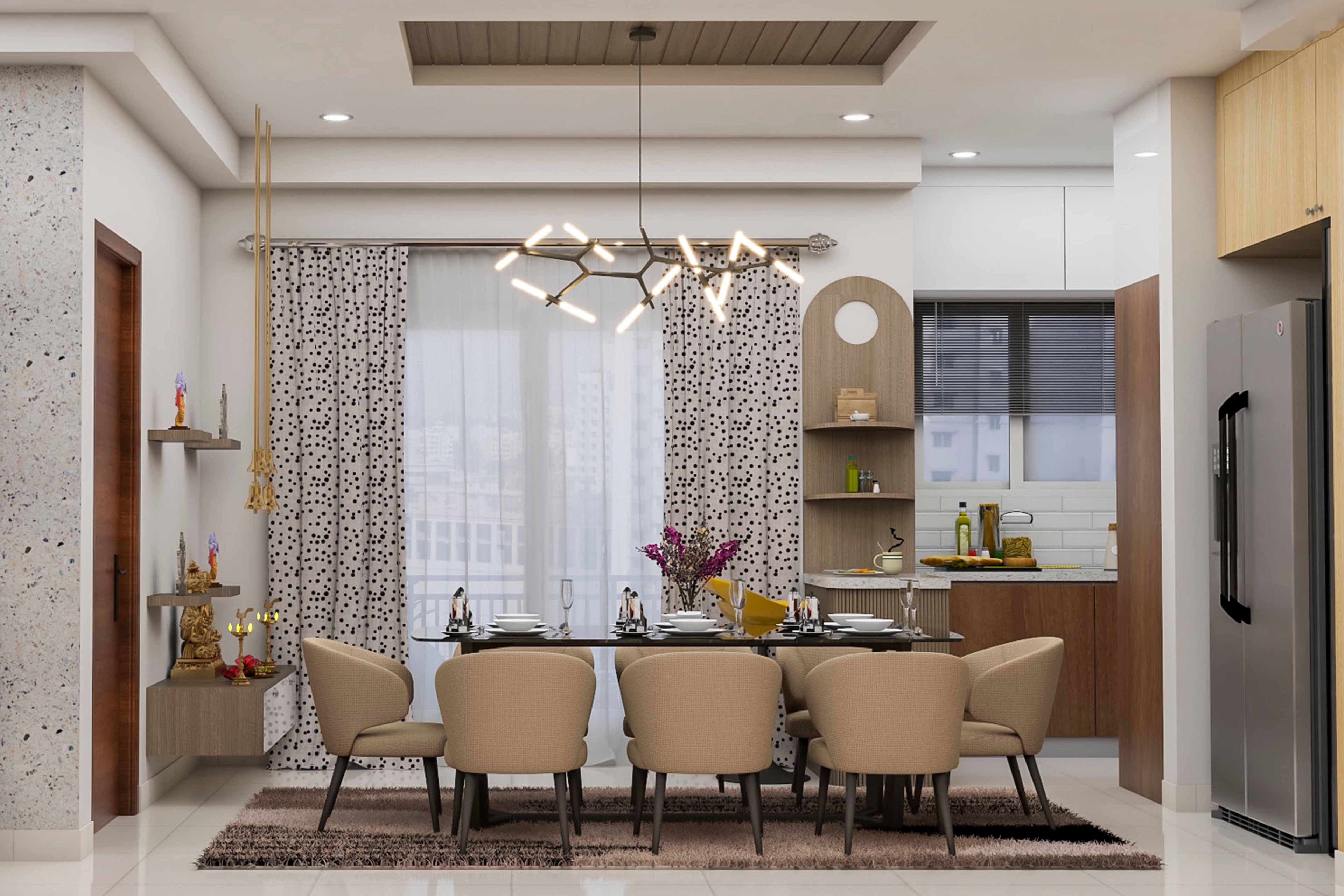 Contemporary 8-Seater Beige Dining Room Design With An Integrated Mandir Unit