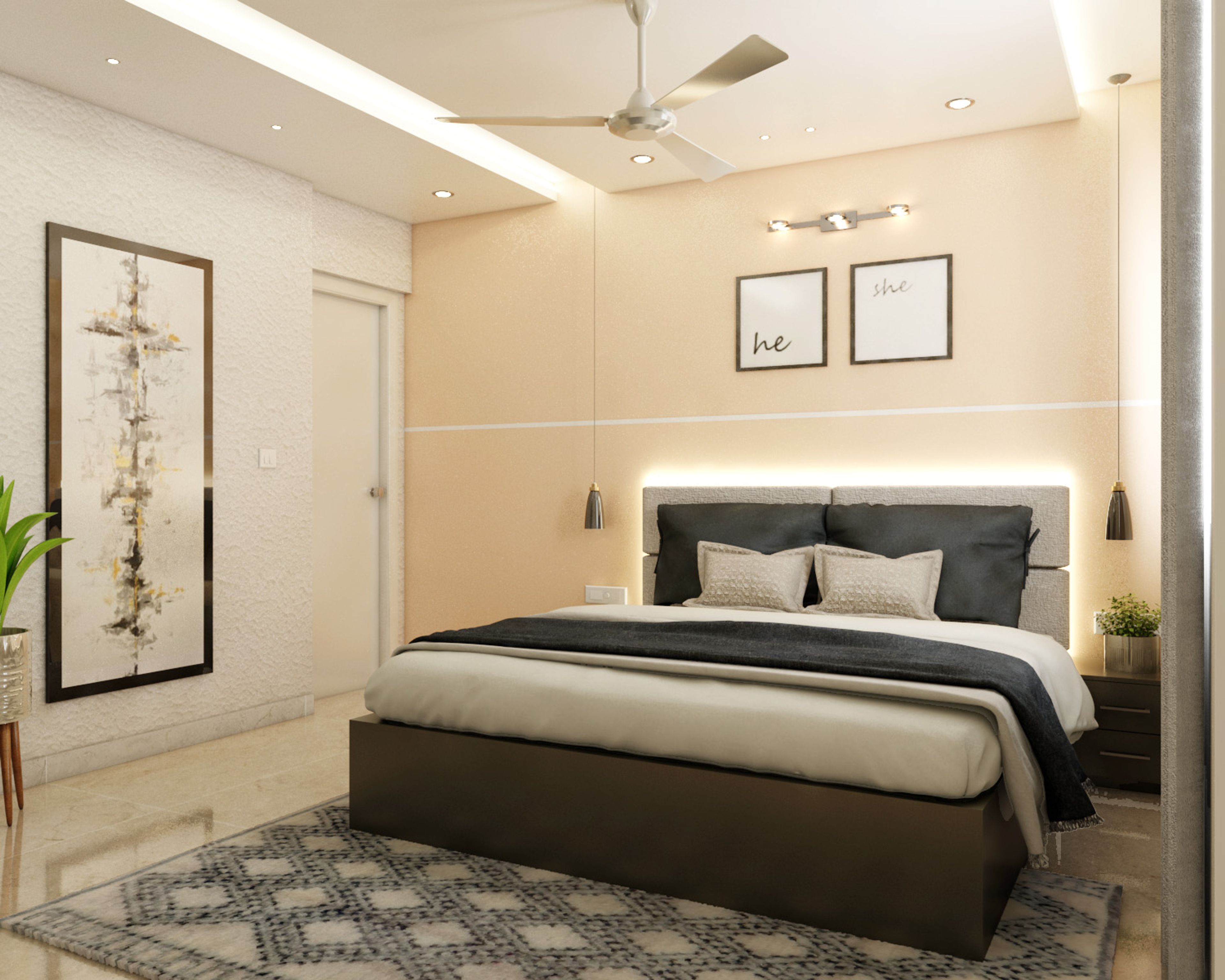 Gypsum Single-Layered Bedroom False Ceiling Design With Recessed Lights - Livspace