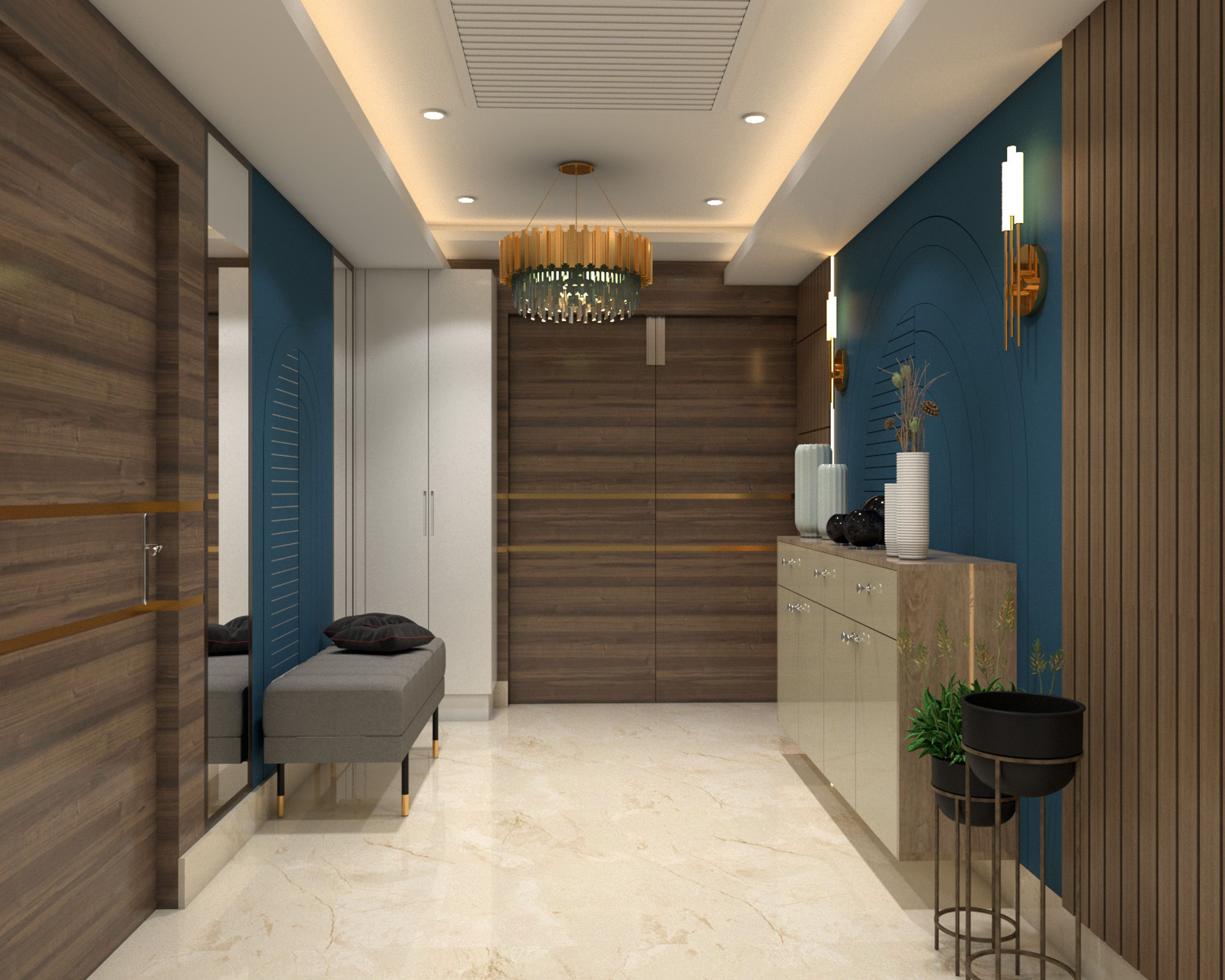 Contemporary Parallel False Ceiling Design with Gypsum Material and Recessed Lights - Livspace