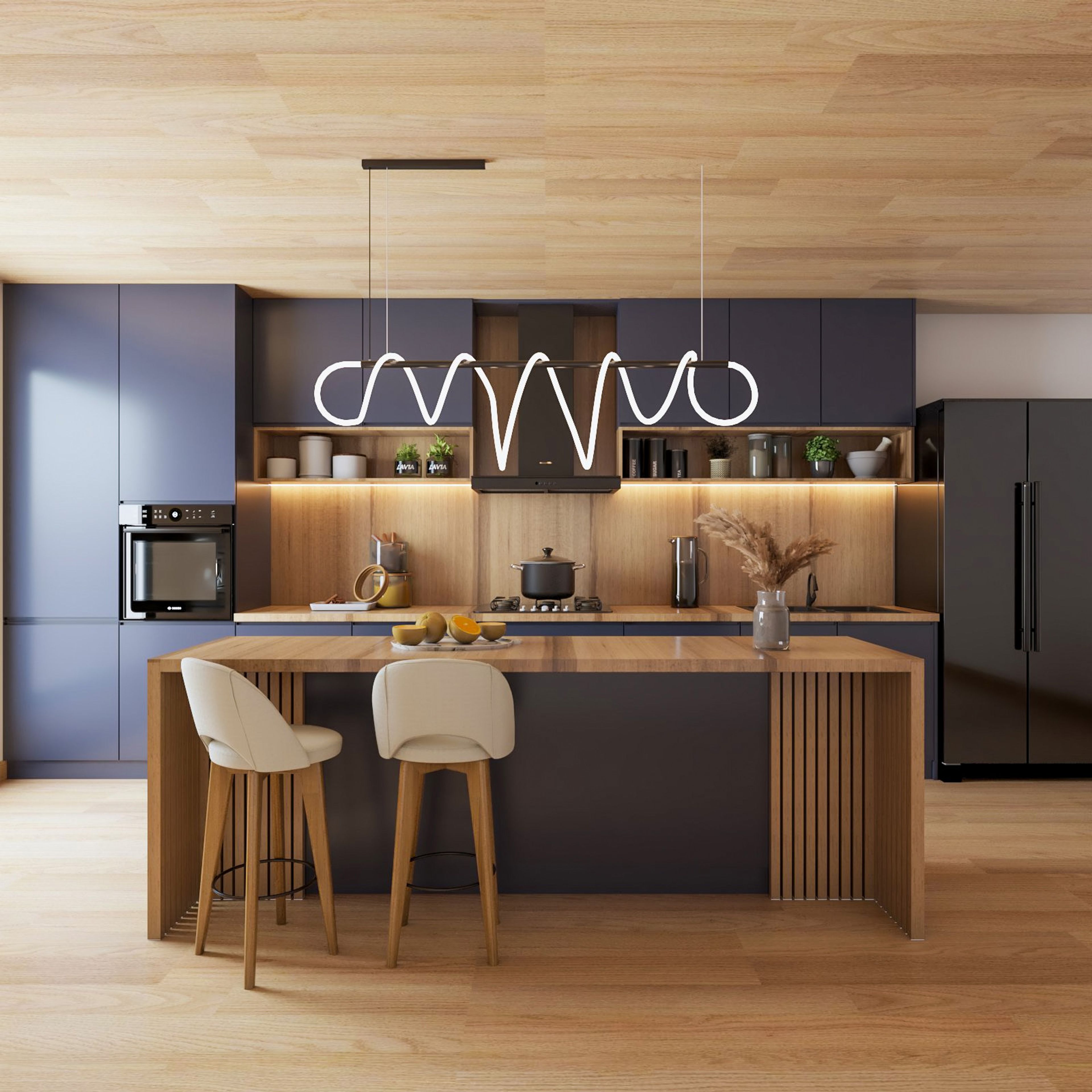 Light Brown Rectangular Wood Flooring Design For Kitchens With Subway Pattern - Livspace