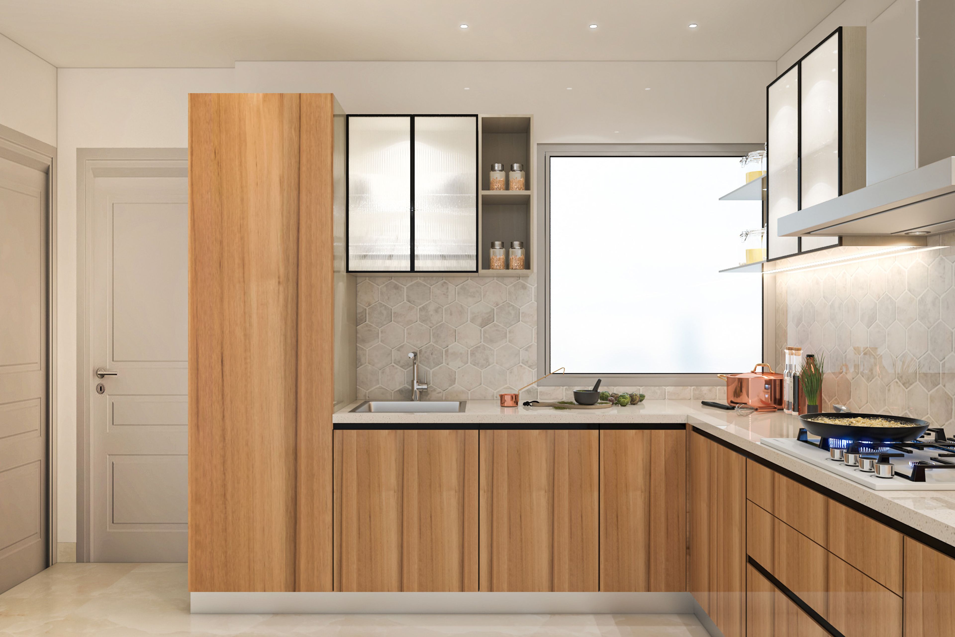 Spacious U-Shaped Wooden Kitchen Design With Tall Storage Unit, Wall-Mounted Shelves And White Countertop - Livspace