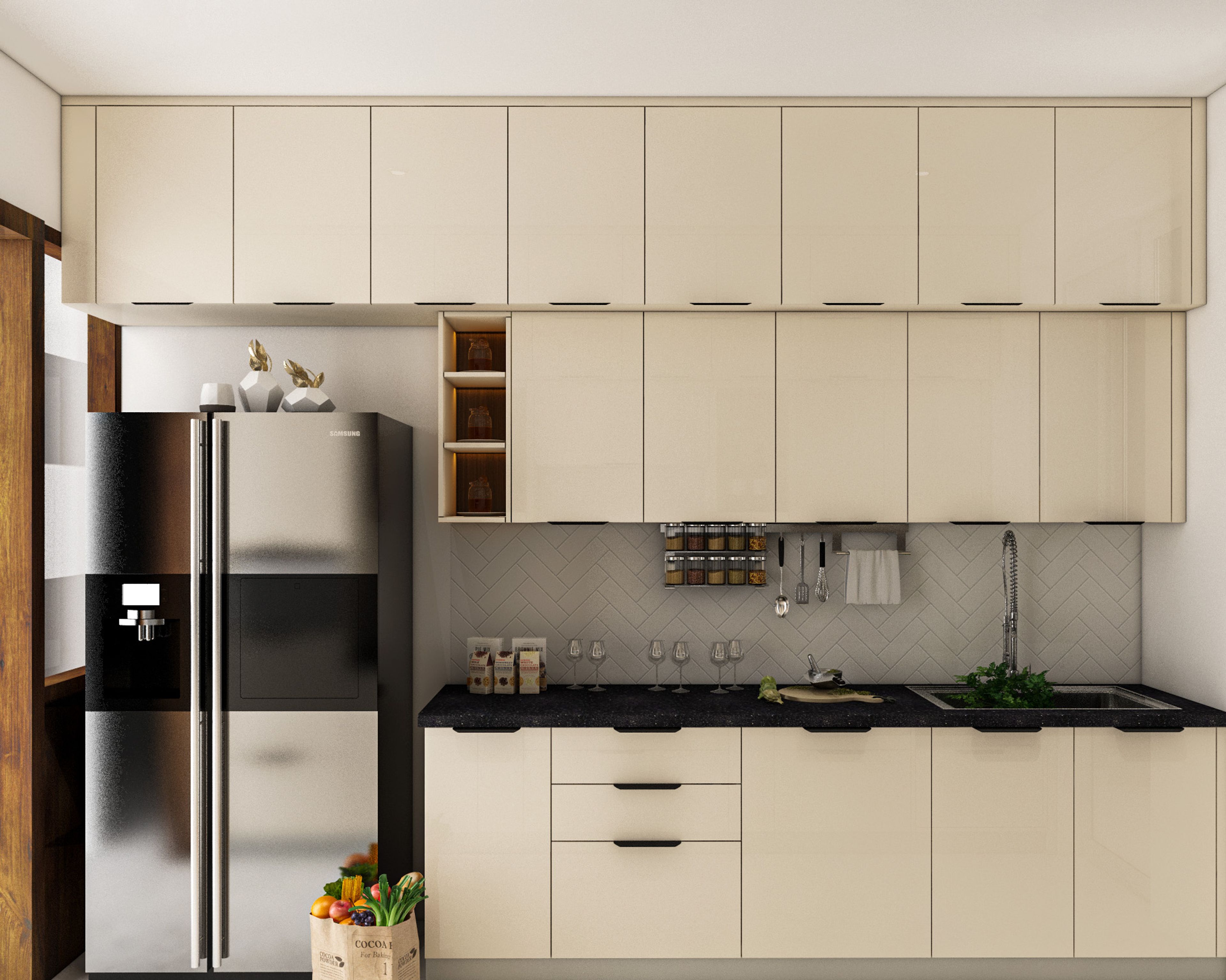 Modern Champagne Parallel Kitchen Design with Granite Countertops, Suede Finish Laminate Shutters, and Elegant Grey Herringbone Backsplash - Livspace