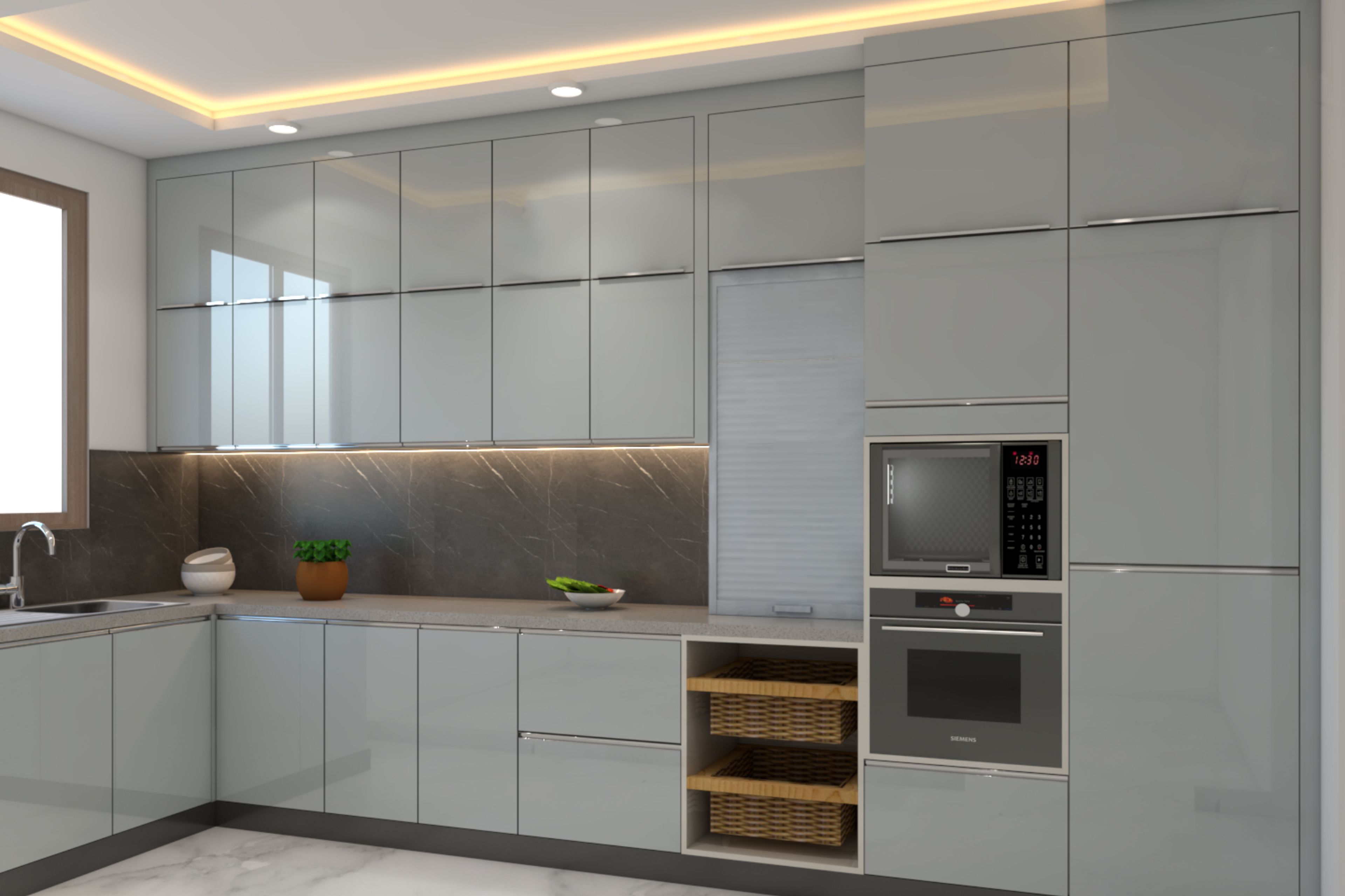 Modern Metallic Silver U-Shaped Kitchen Design with Acrylic Finish, Grey Cabinets, and Dark Backsplash - Livspace