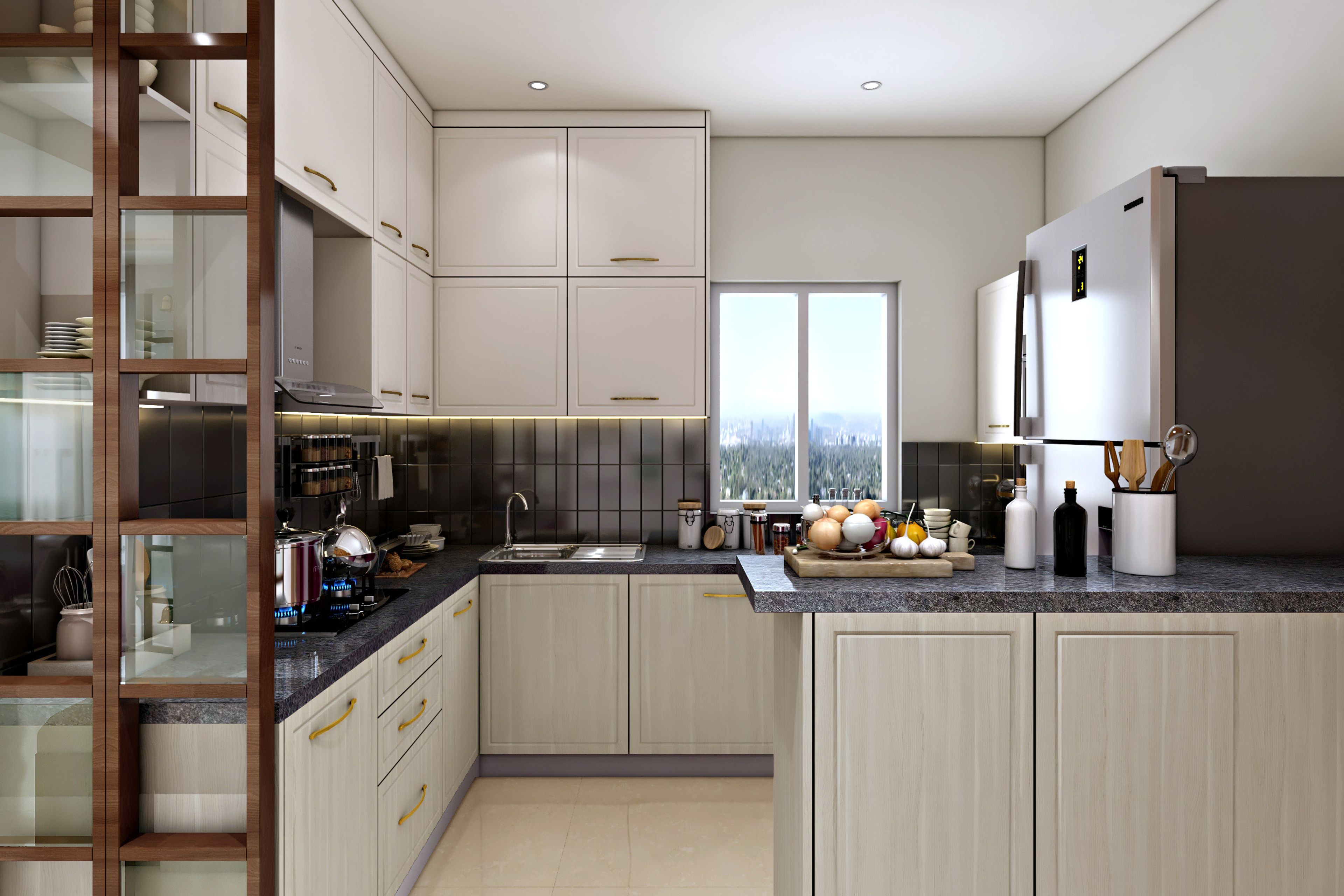 Sand Satin Indian Kitchen Design With Black Backsplash - Livspace